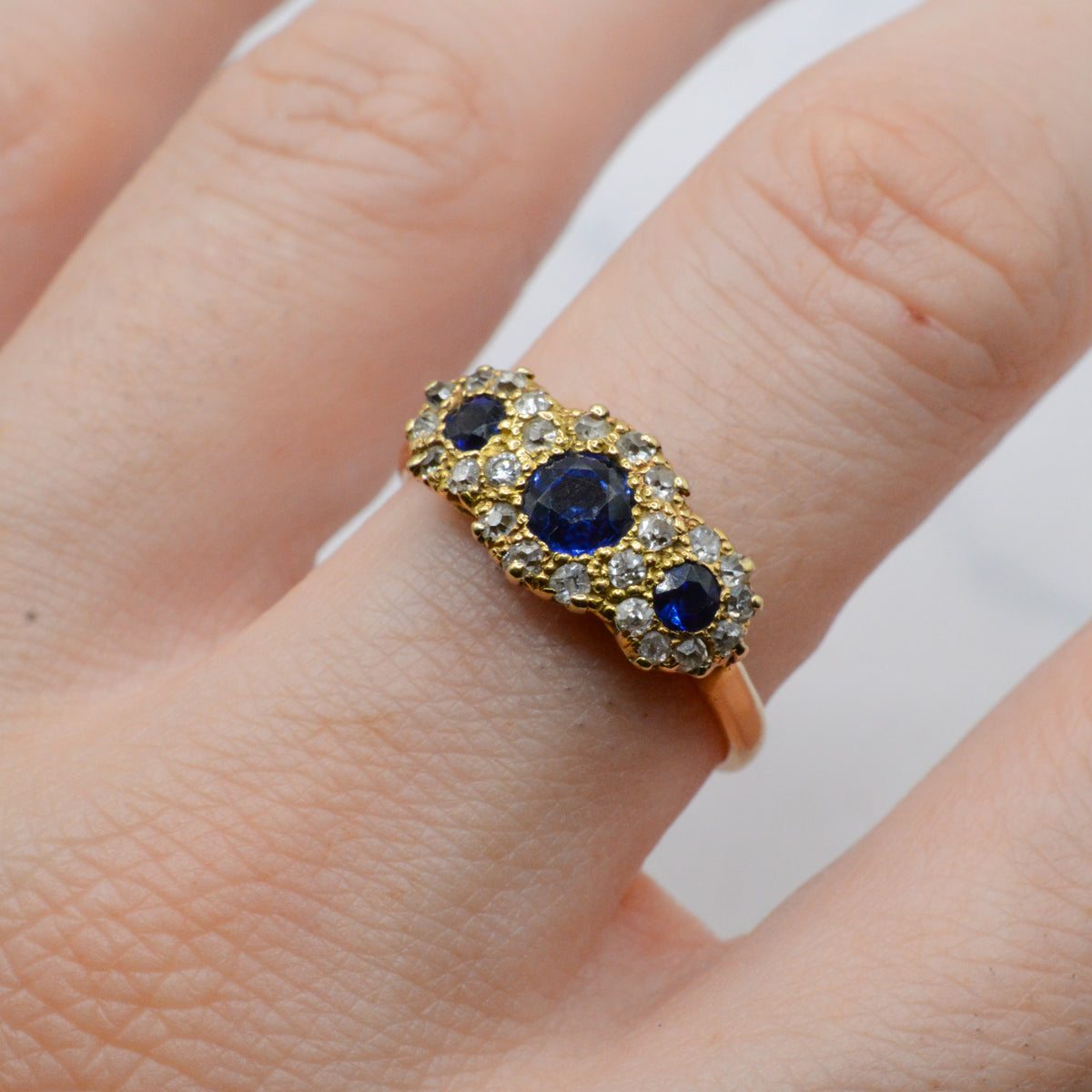 1906 Edwardian Antique 18ct Gold Sapphire & Diamond Trilogy Cluster Ring
