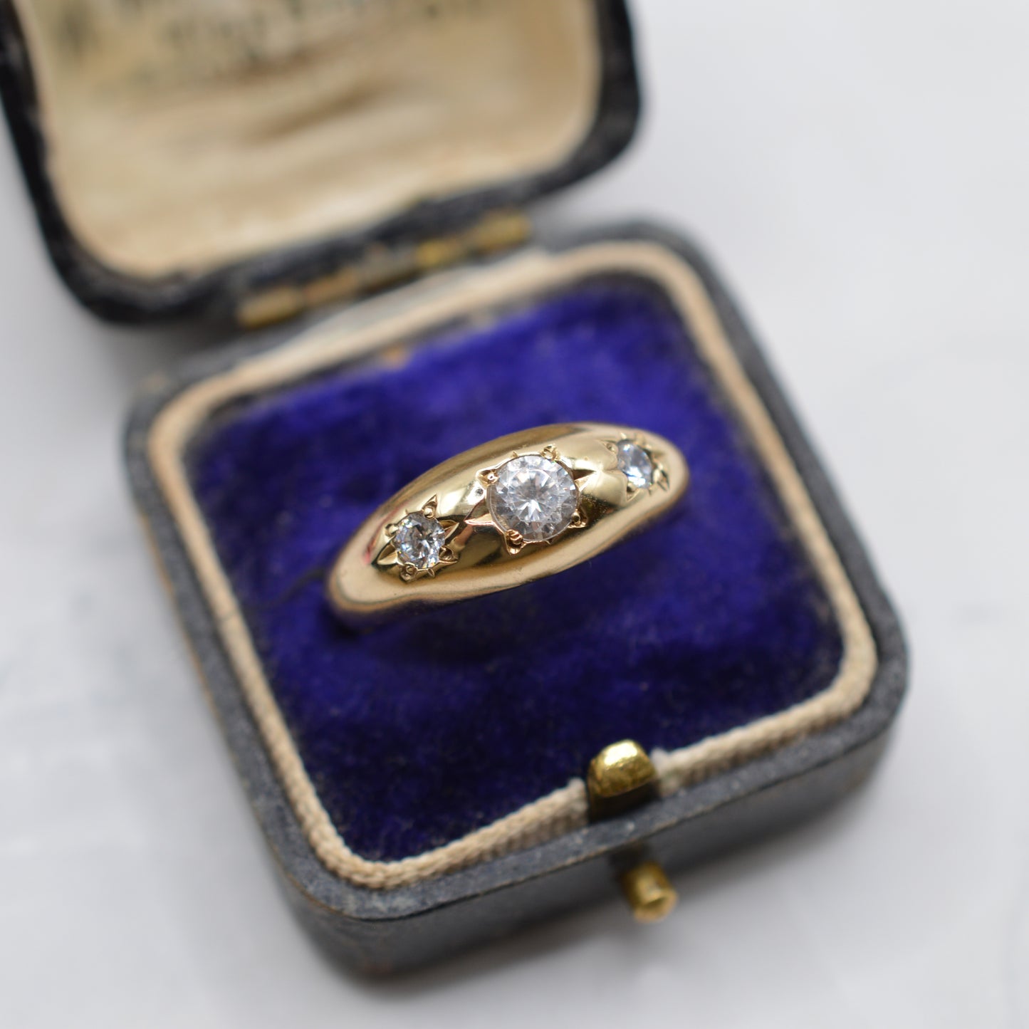 1990s Chunky 9ct Gold Cubic Zirconia Gypsy Trilogy Ring