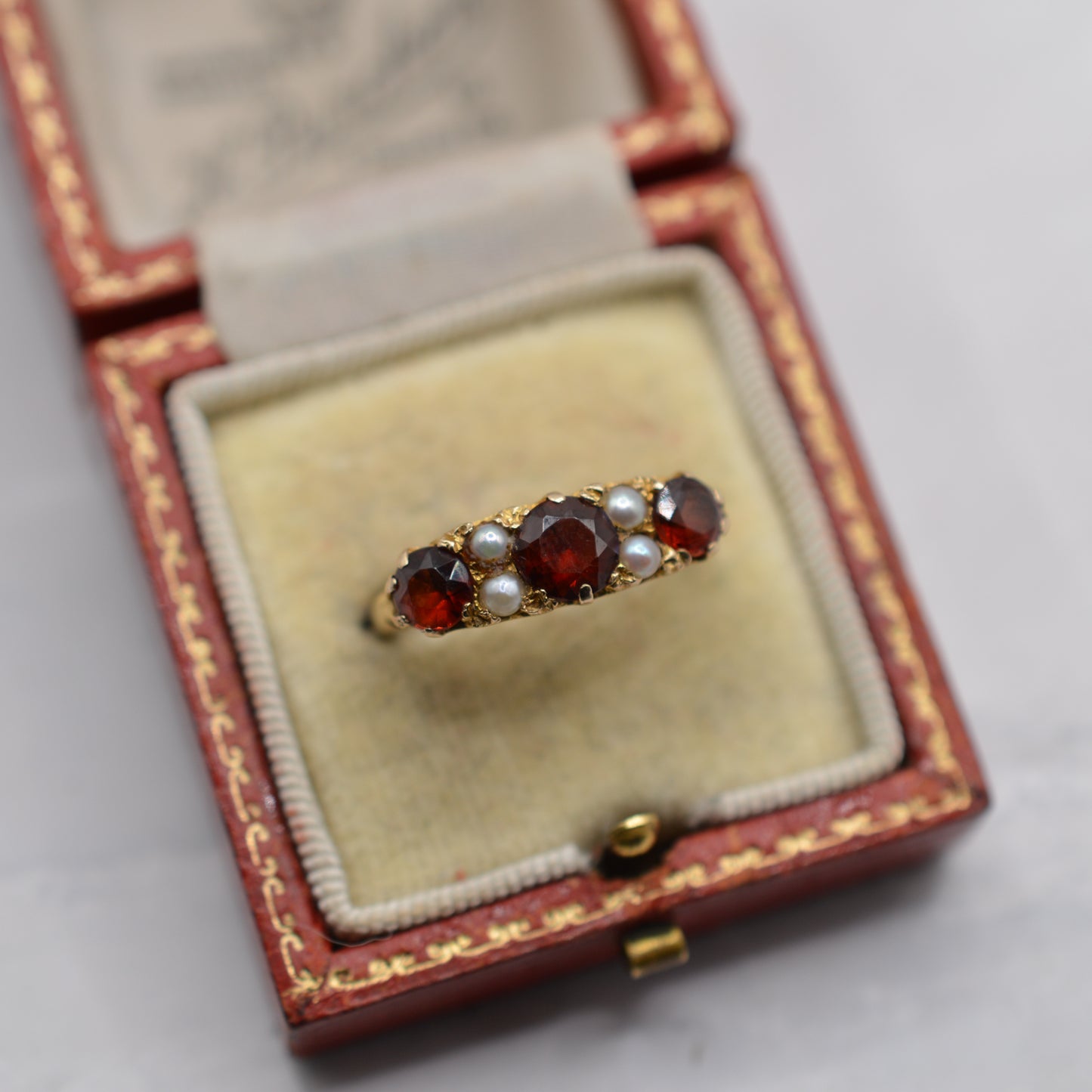 1960s Vintage 9ct Gold Garnet & Pearl Seven-Stone Ring