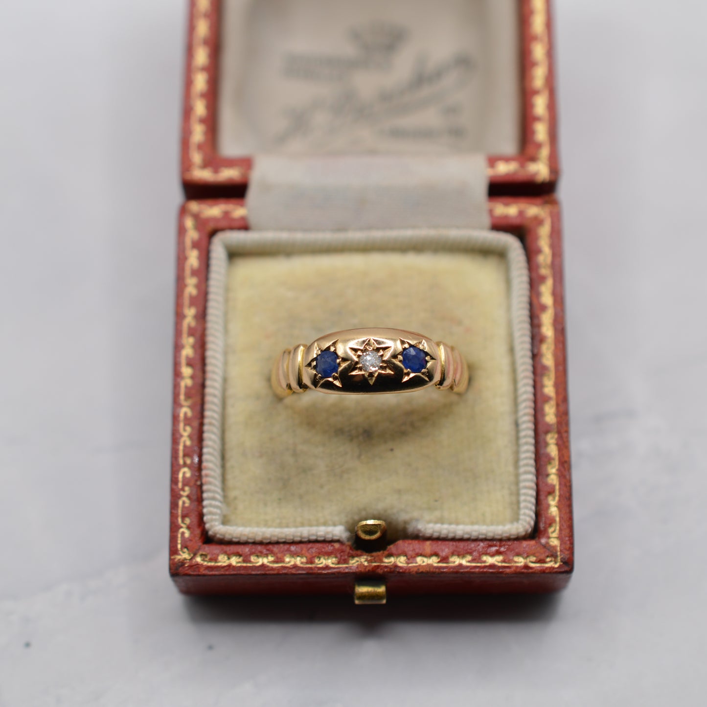 1890s Victorian Antique 18ct Gold Sapphire & Diamond Gypsy Ring