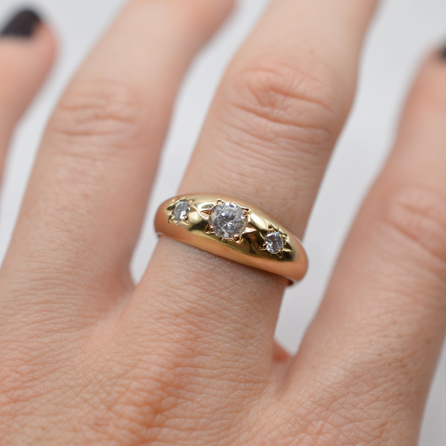 1990s Chunky 9ct Gold Cubic Zirconia Gypsy Trilogy Ring