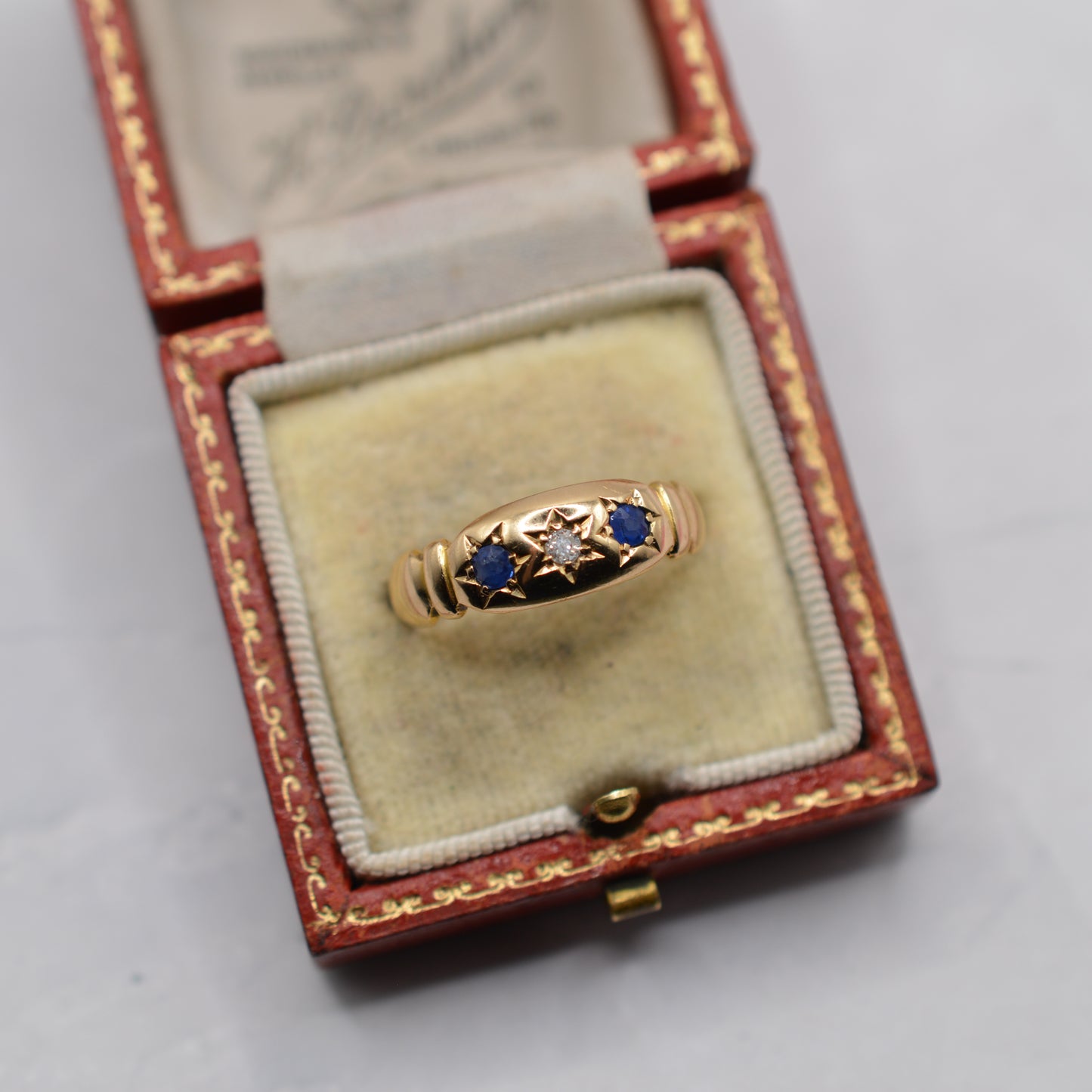 1890s Victorian Antique 18ct Gold Sapphire & Diamond Gypsy Ring