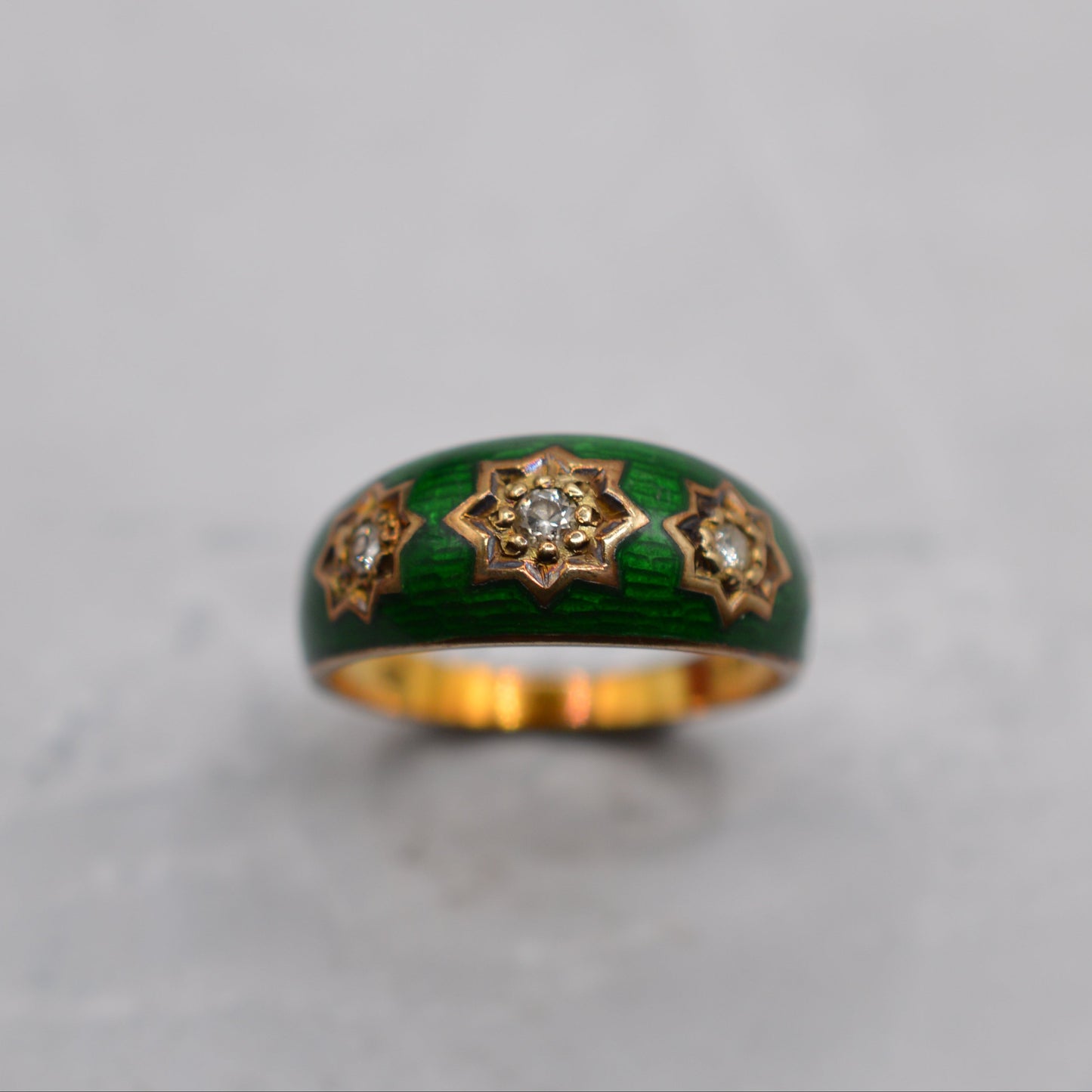 1970s Chunky Vintage 9ct Gold Enamel Diamond Gypsy Ring