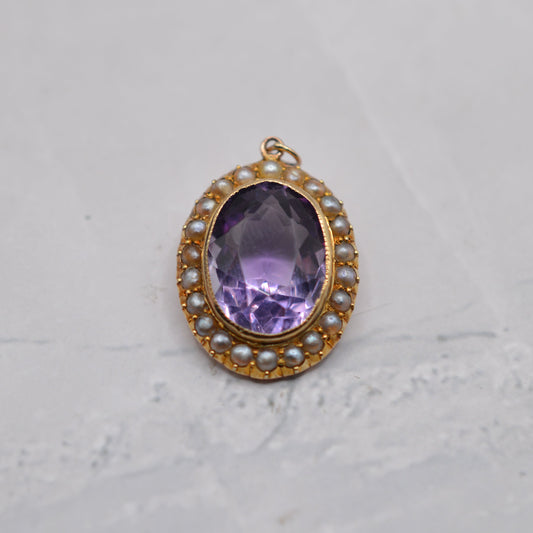 Antique Edwardian 15ct Gold Amethyst & Pearl Pendant