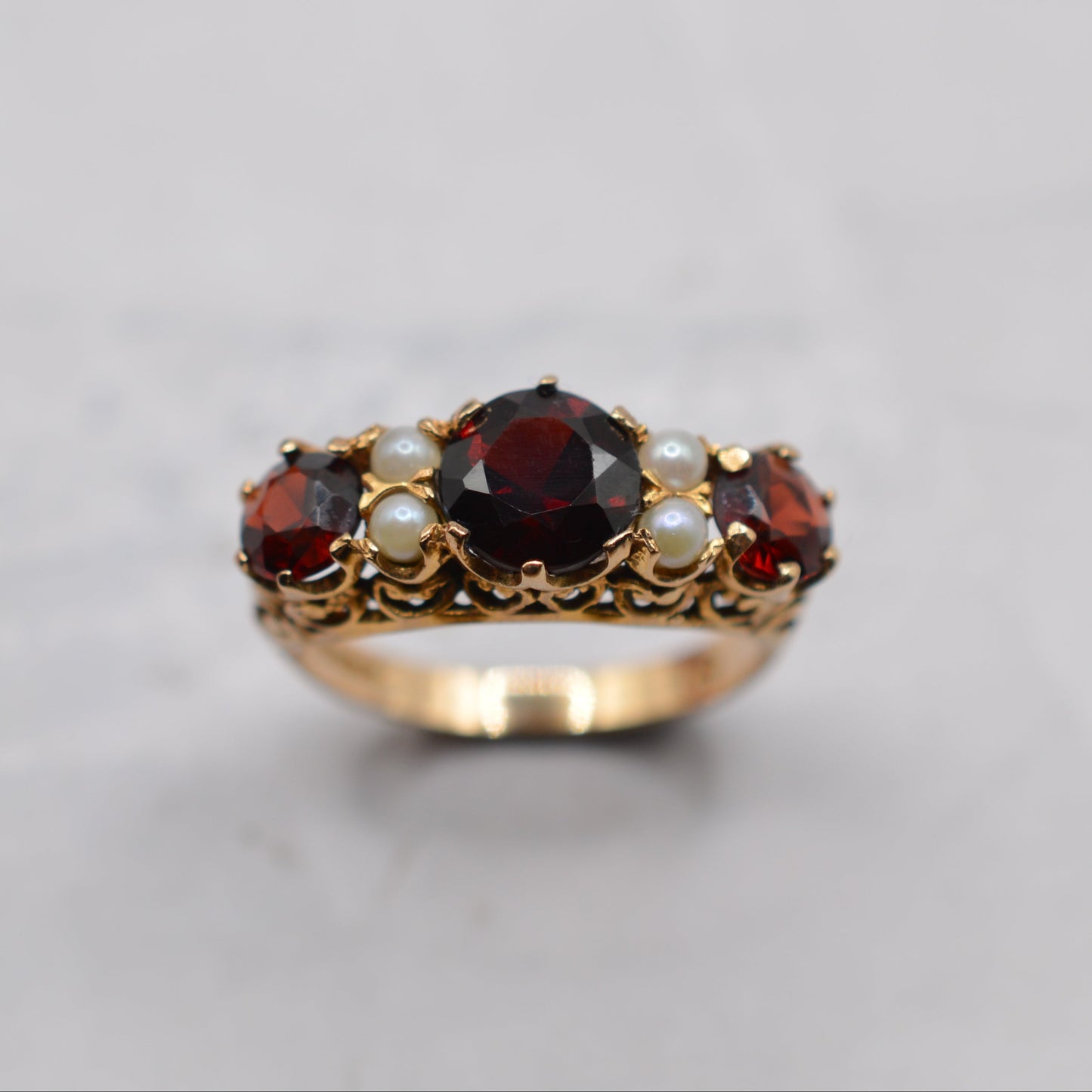 1960s Chunky Vintage 9ct Gold Garnet & Pearl Seven-Stone Ring