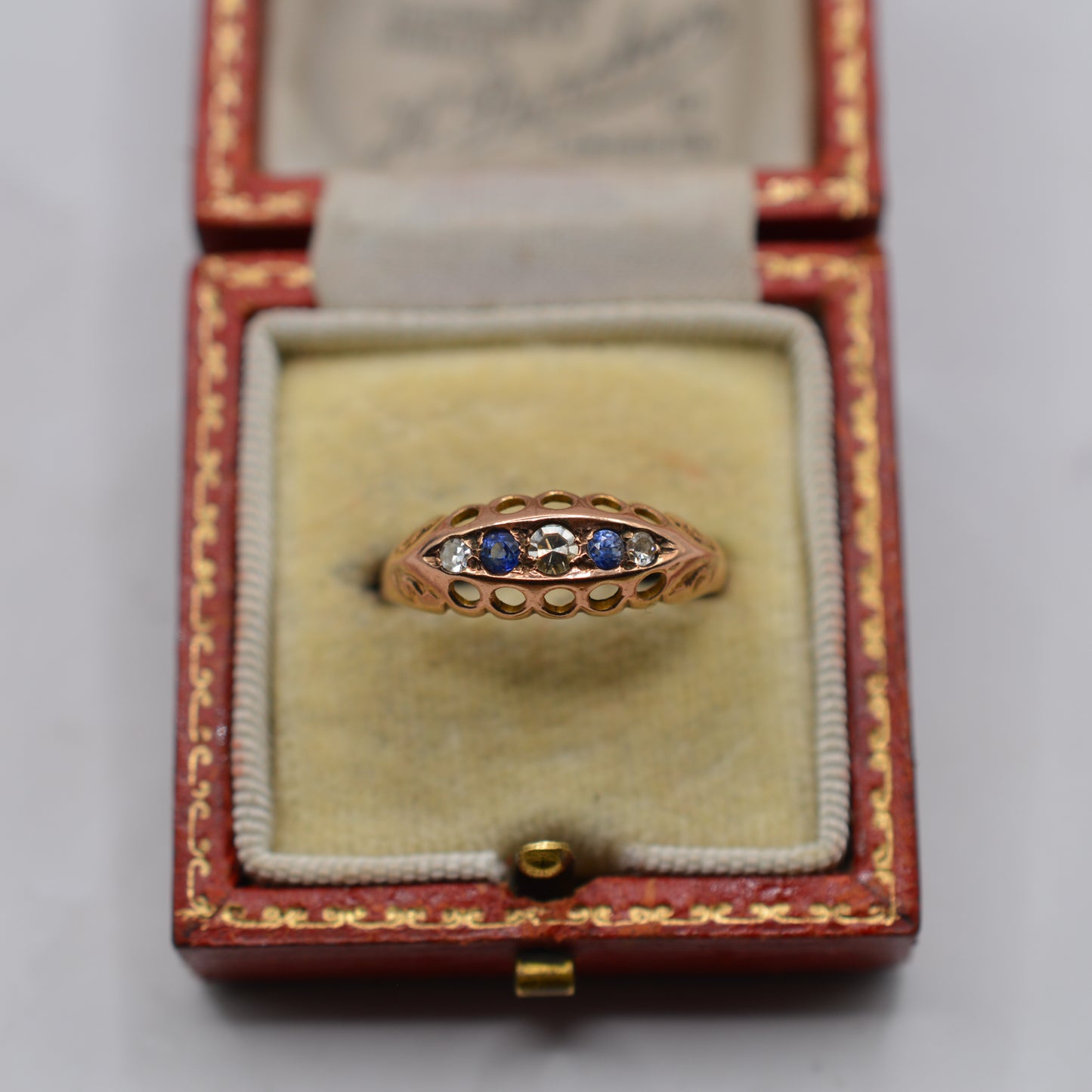 Antique 1919 9ct Rose Gold Sapphire & Diamond Ring