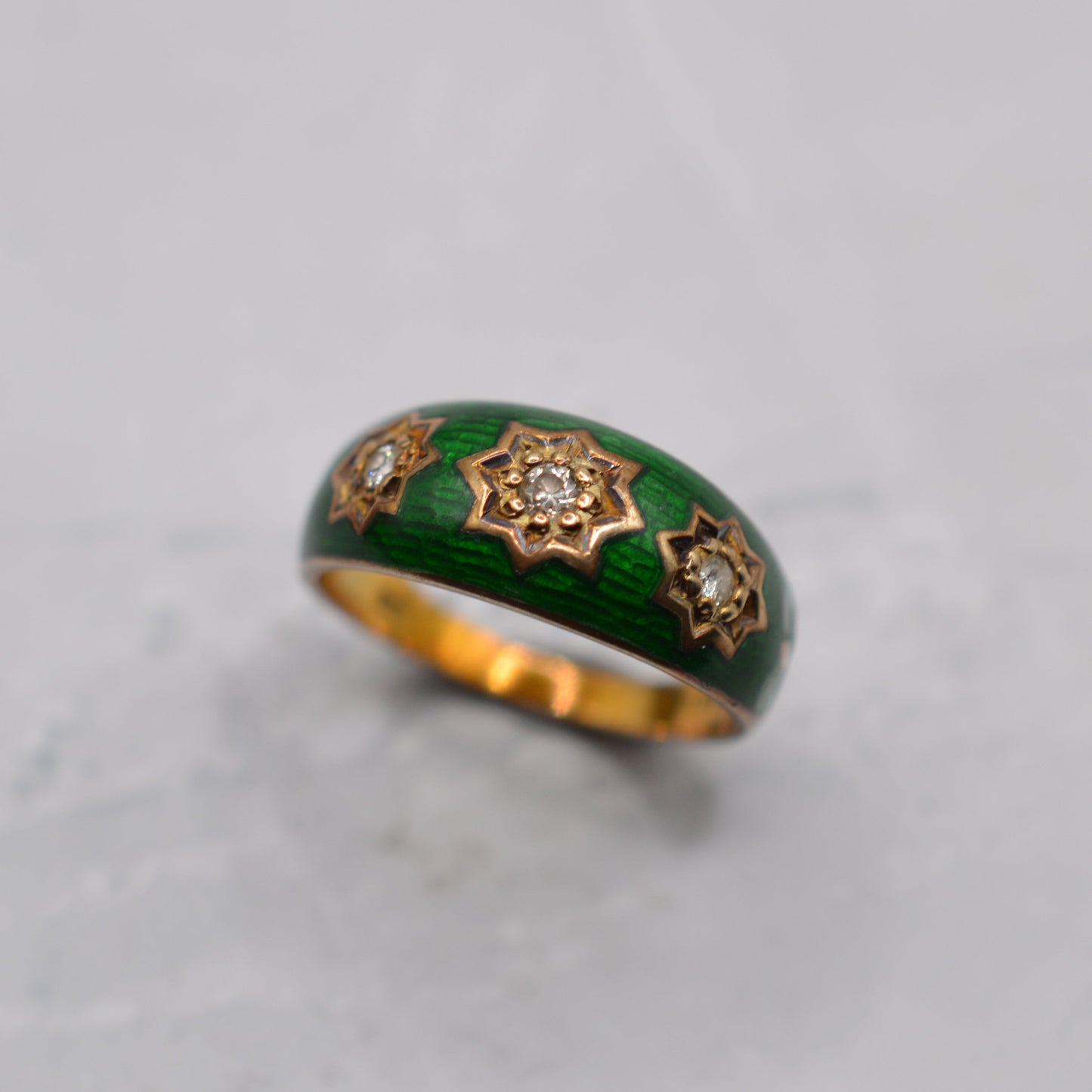 1970s Chunky Vintage 9ct Gold Enamel Diamond Gypsy Ring