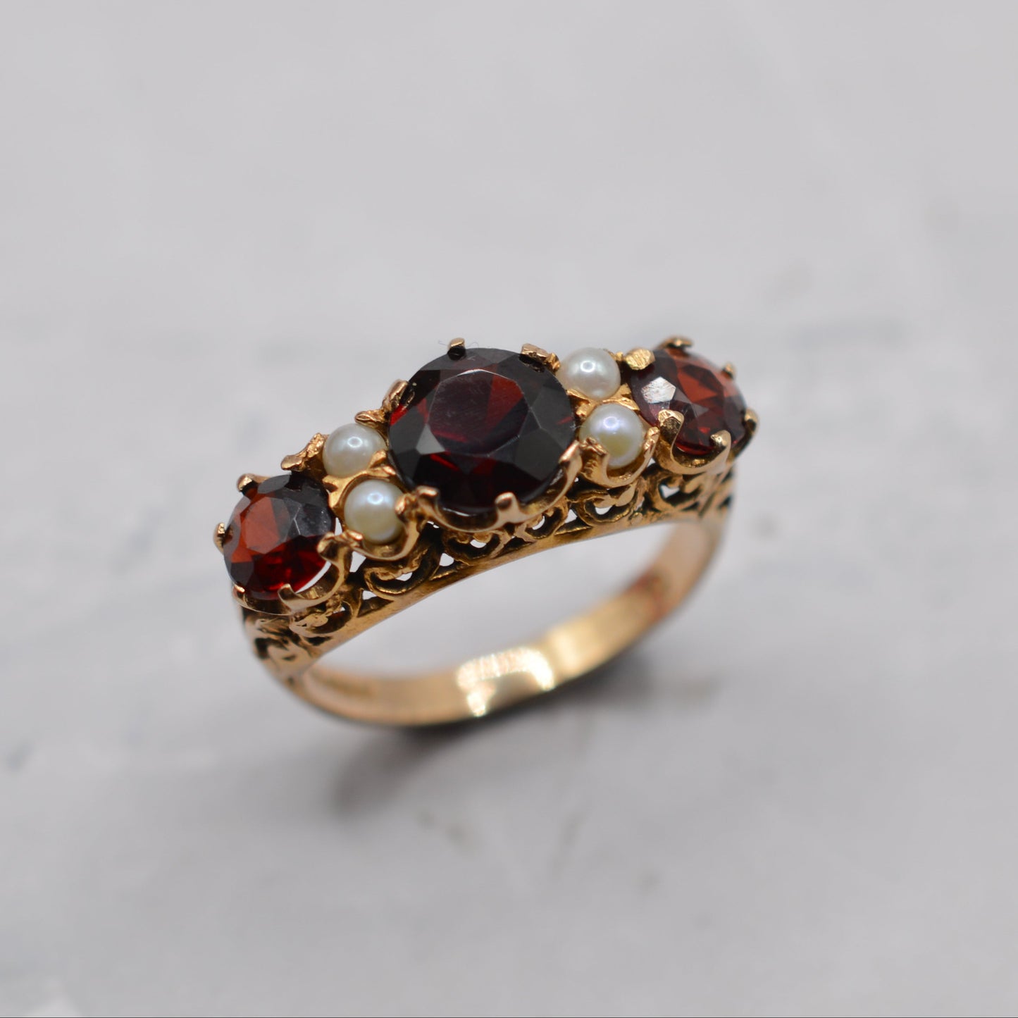 1960s Chunky Vintage 9ct Gold Garnet & Pearl Seven-Stone Ring