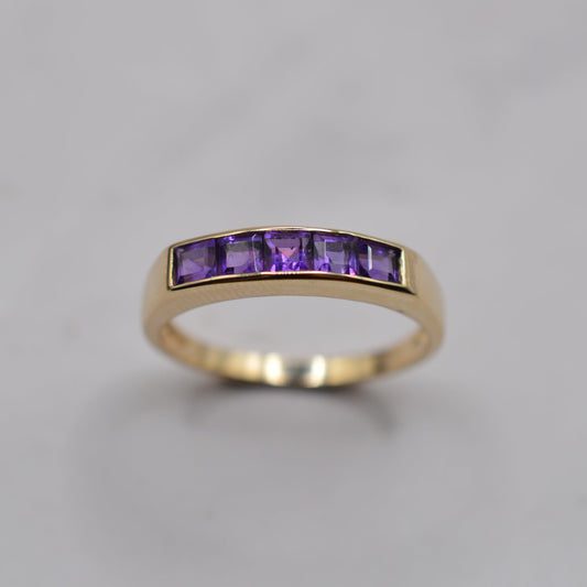 1990s 9ct Gold Amethyst Five-Stone Square-Cut Channel Ring