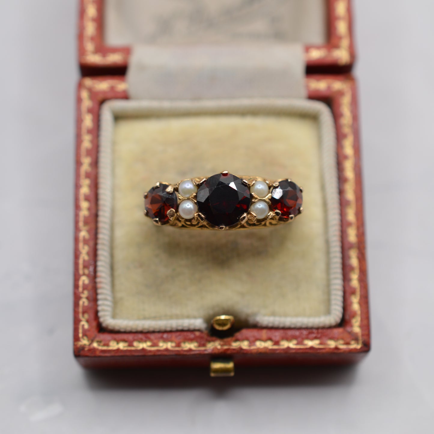 1960s Chunky Vintage 9ct Gold Garnet & Pearl Seven-Stone Ring