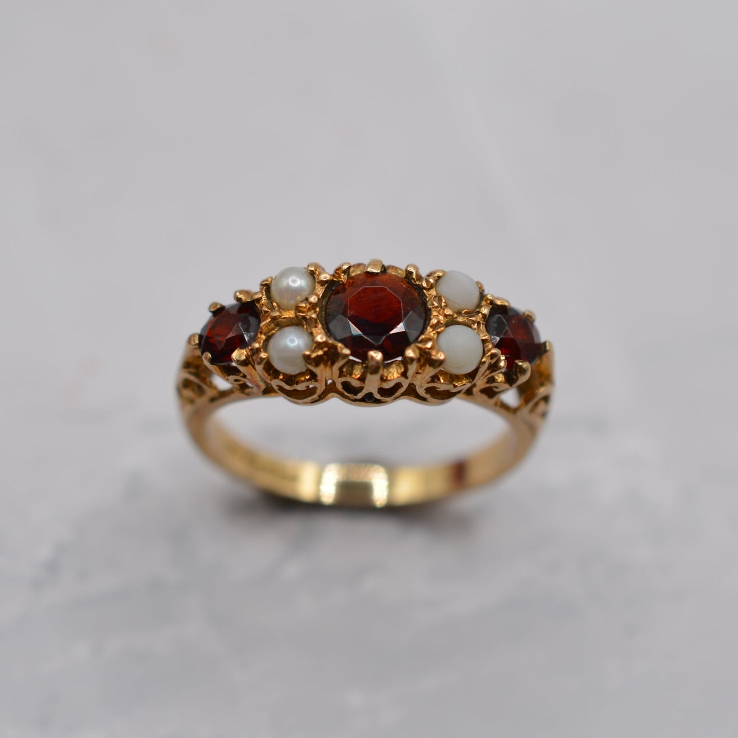 Chunky 1990s 9ct Gold Garnet & Pearl Seven-Stone Ring