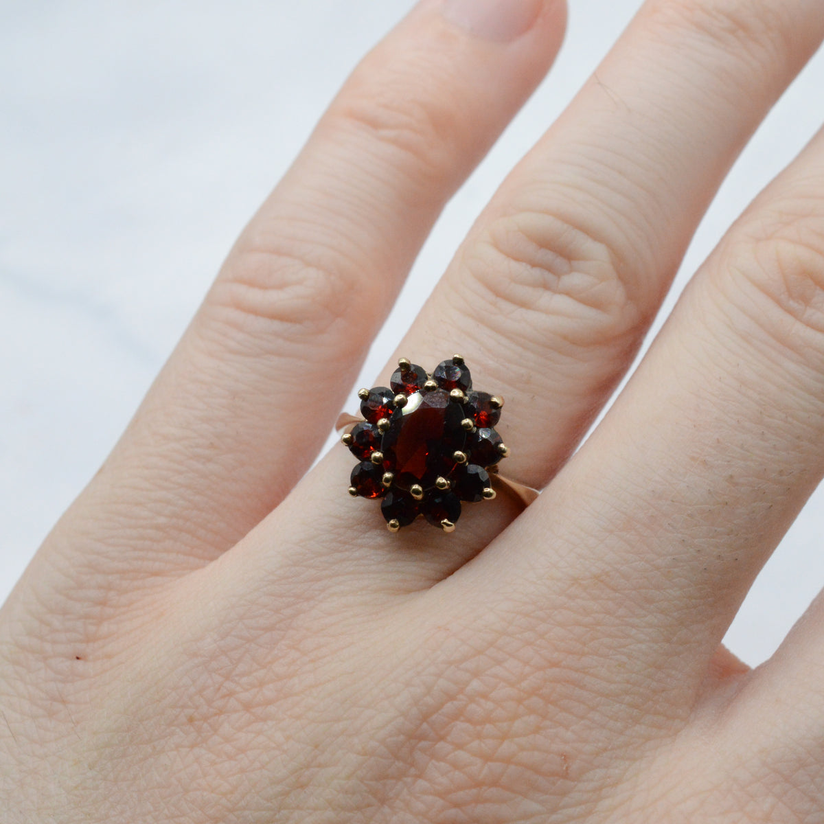 1980s Vintage 9ct Gold Garnet Cluster Ring