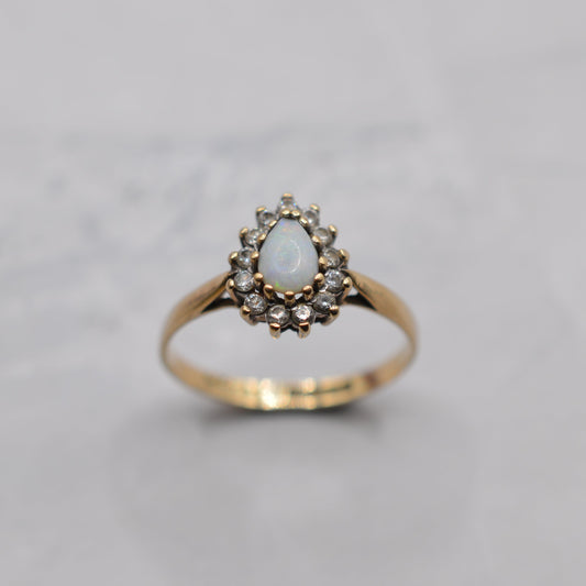 1980s 9ct Gold Opal & CZ Teardrop Cluster Ring