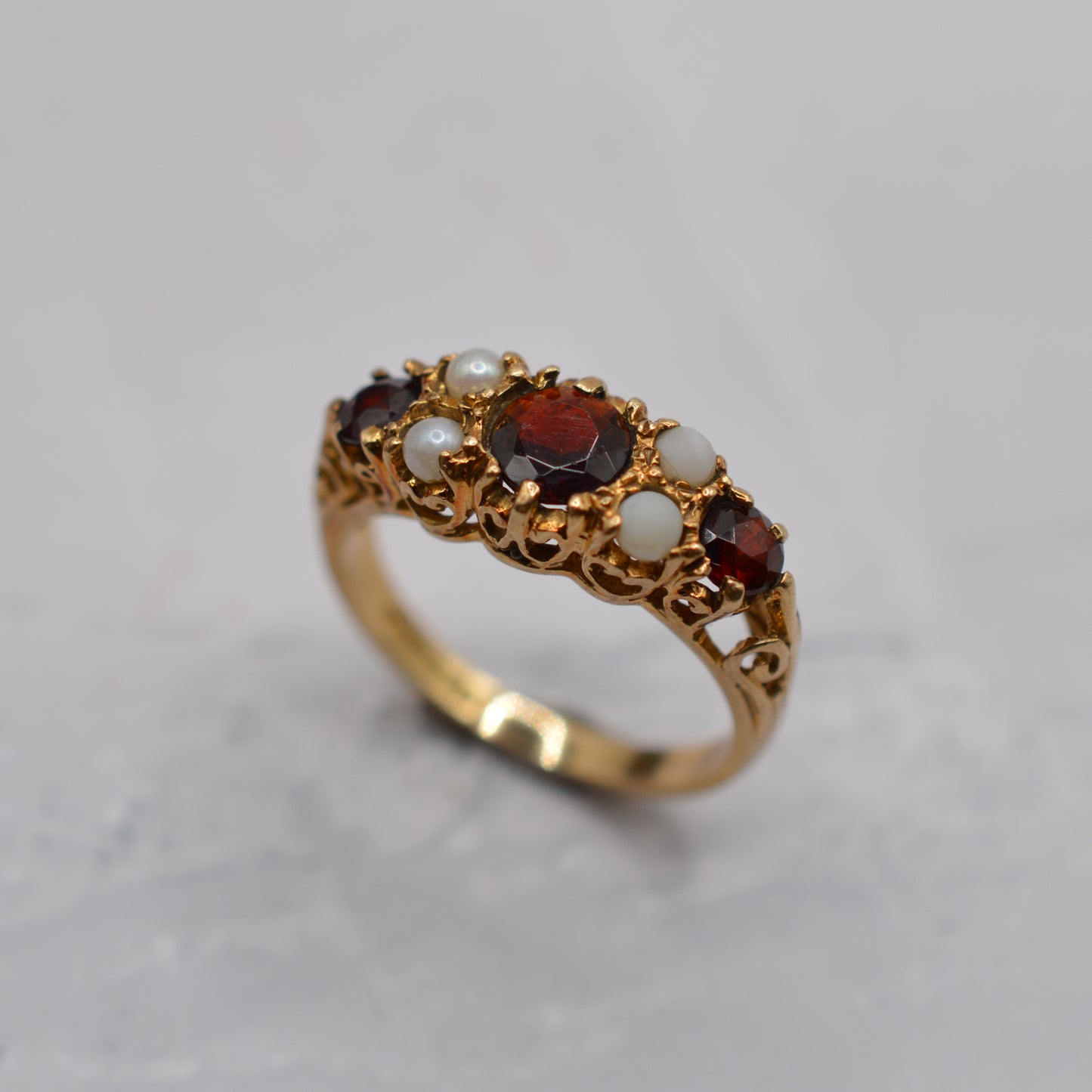 Chunky 1990s 9ct Gold Garnet & Pearl Seven-Stone Ring