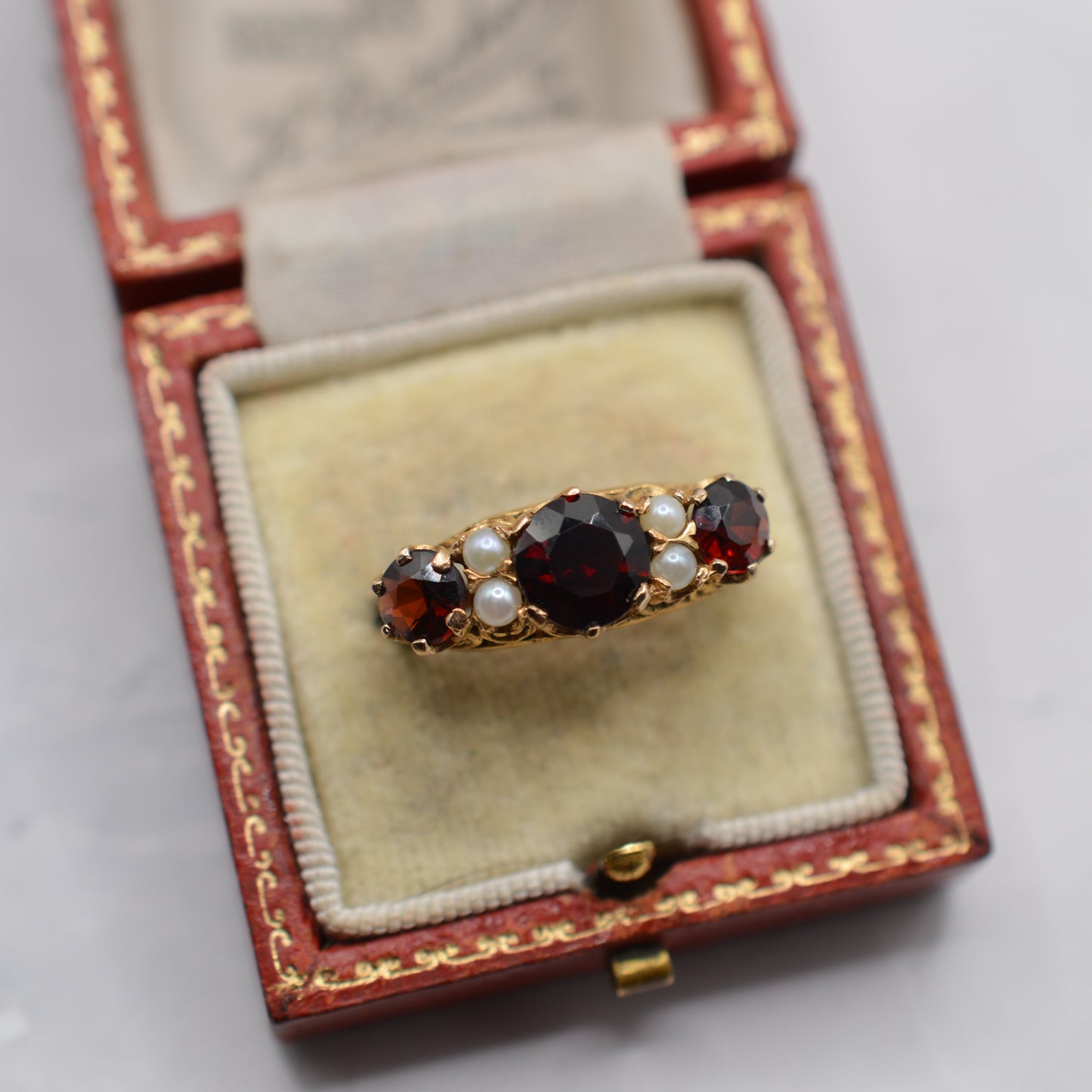 1960s Chunky Vintage 9ct Gold Garnet & Pearl Seven-Stone Ring