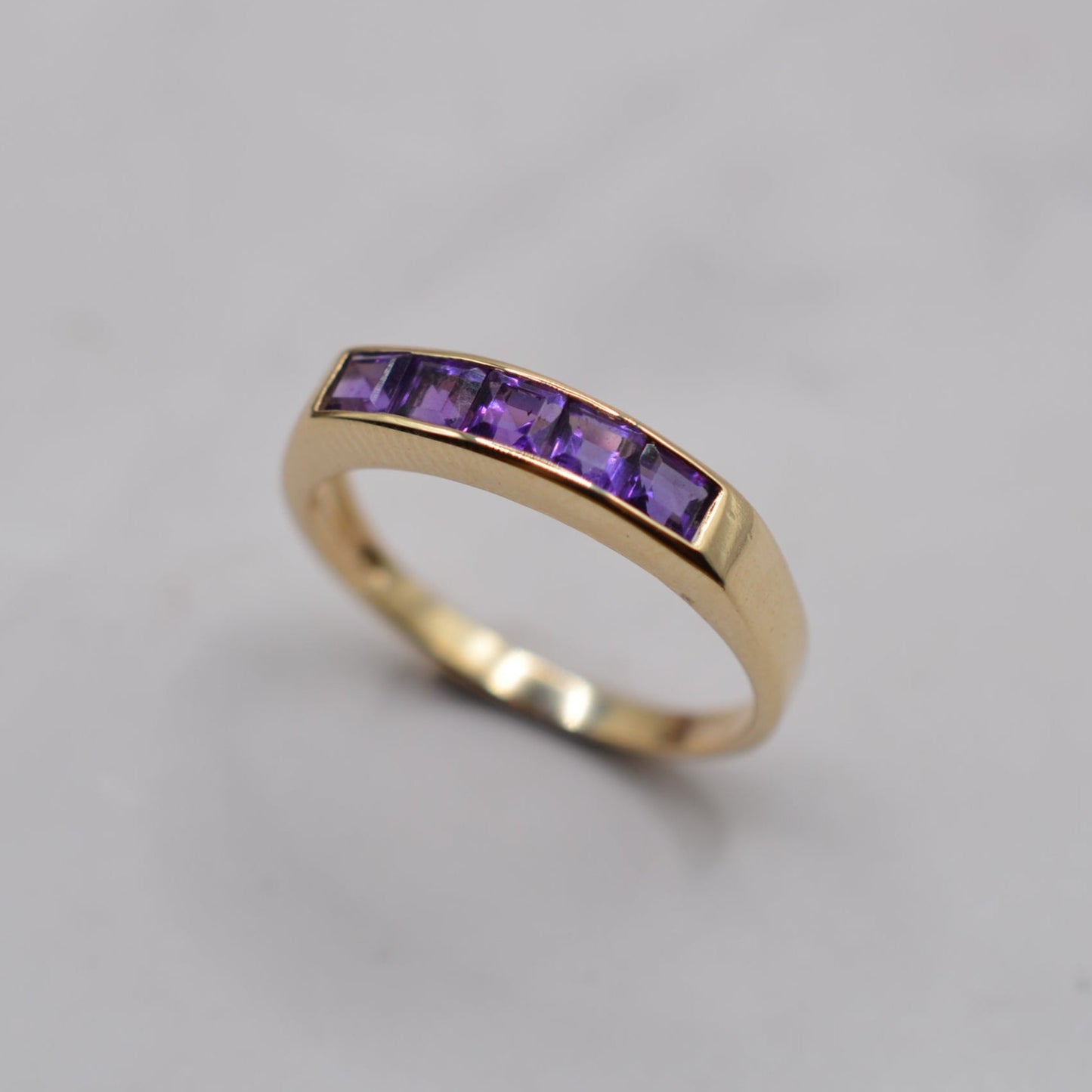 1990s 9ct Gold Amethyst Five-Stone Square-Cut Channel Ring