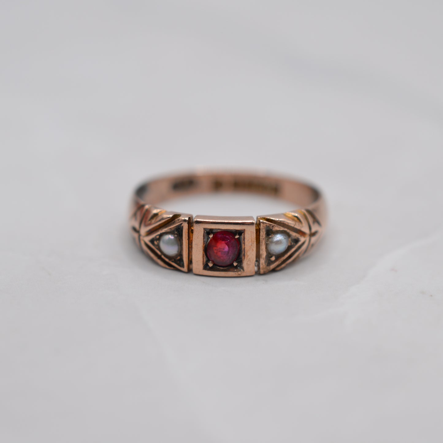 Antique Victorian 9ct Gold Ruby & Pearl Trilogy Ring