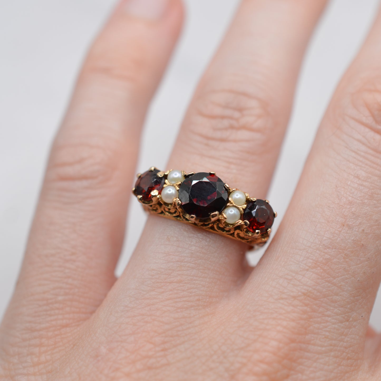1960s Chunky Vintage 9ct Gold Garnet & Pearl Seven-Stone Ring