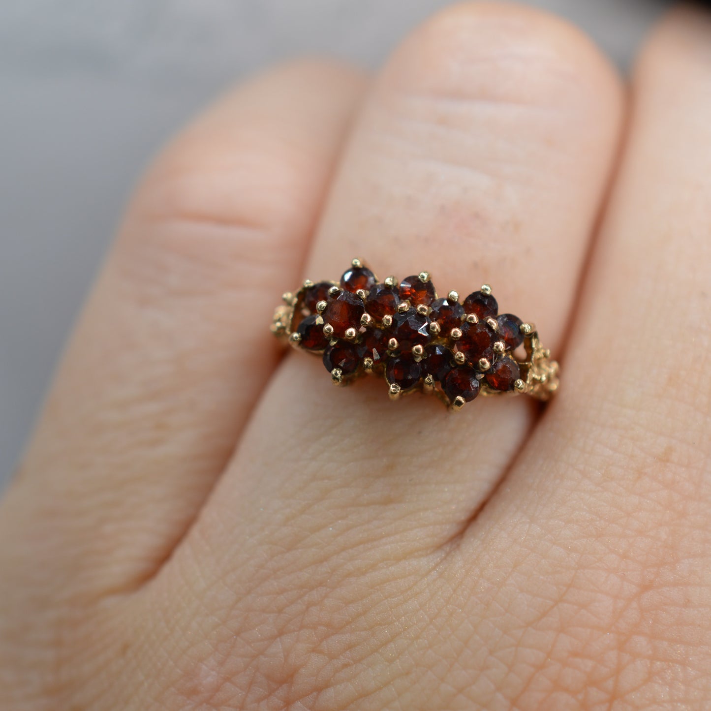 1970s Vintage 9ct Gold Garnet Triple Cluster Ring