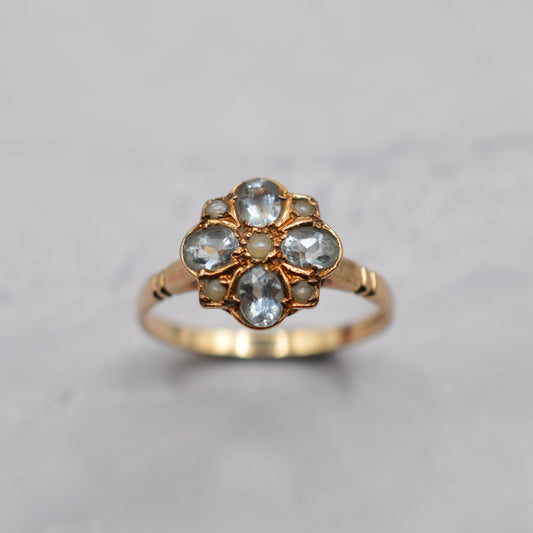 1990s 9ct Gold Aquamarine & Pearl Floral Cluster Ring