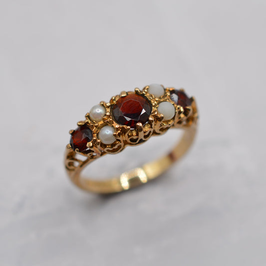 Chunky 1990s 9ct Gold Garnet & Pearl Seven-Stone Ring