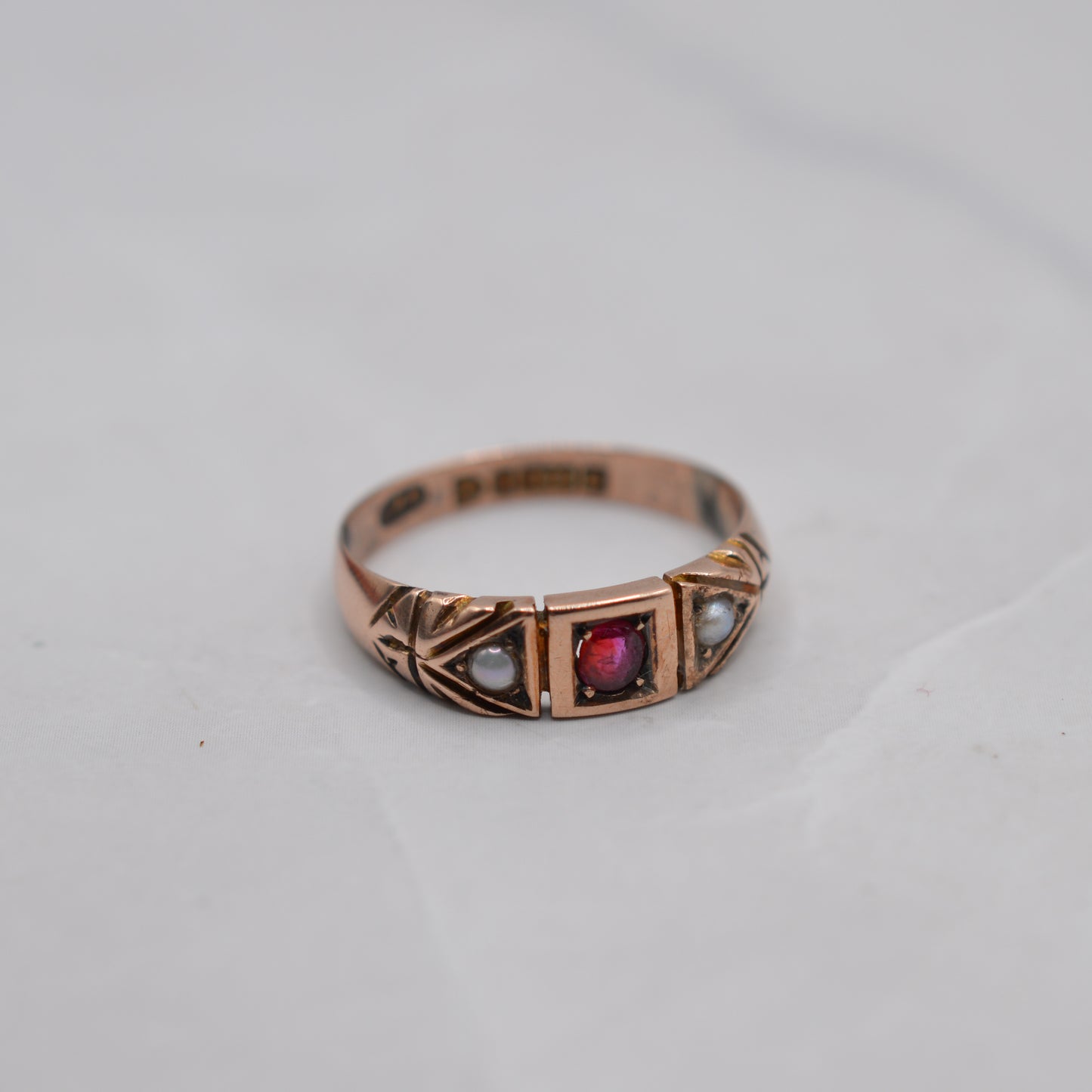Antique Victorian 9ct Gold Ruby & Pearl Trilogy Ring