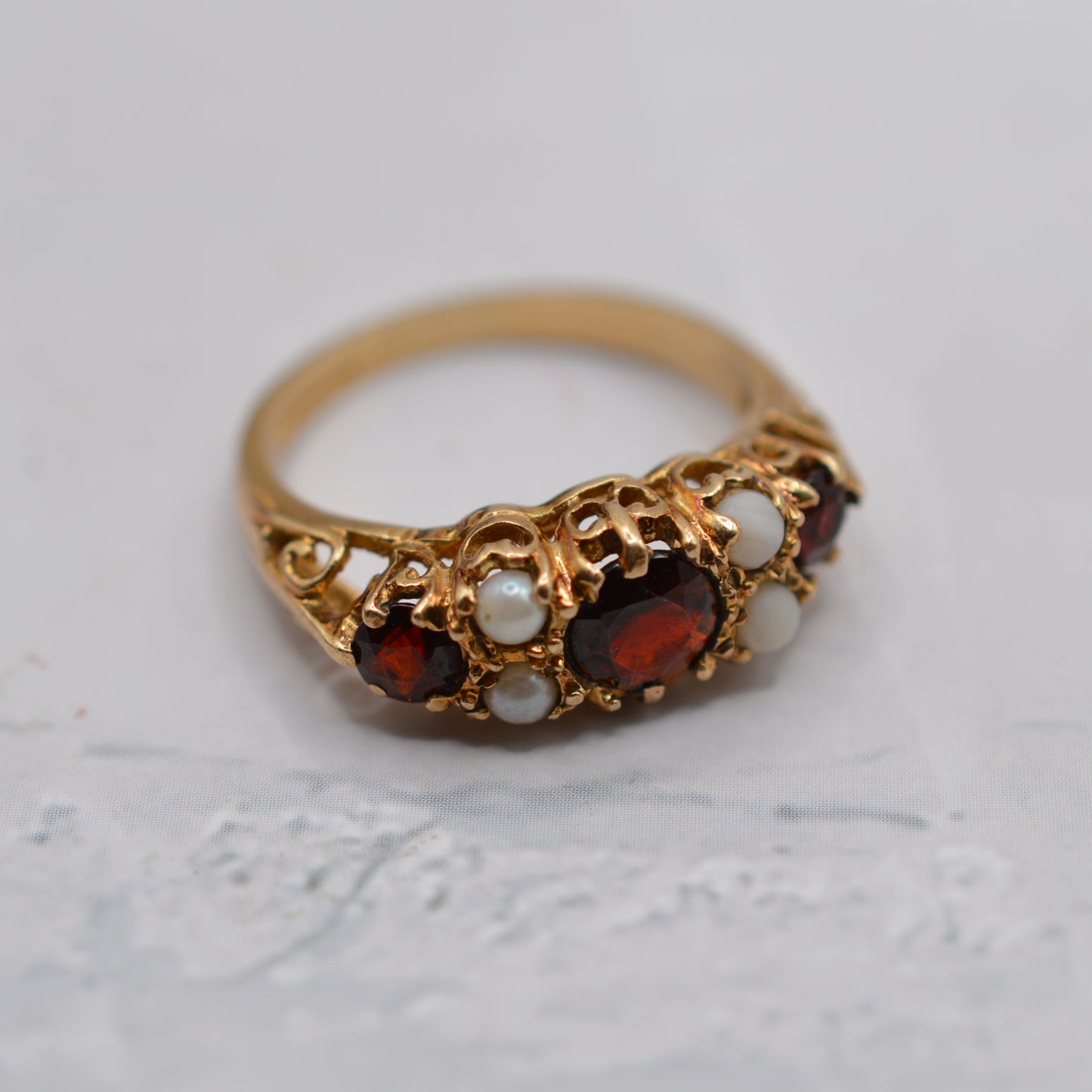 Chunky 1990s 9ct Gold Garnet & Pearl Seven-Stone Ring
