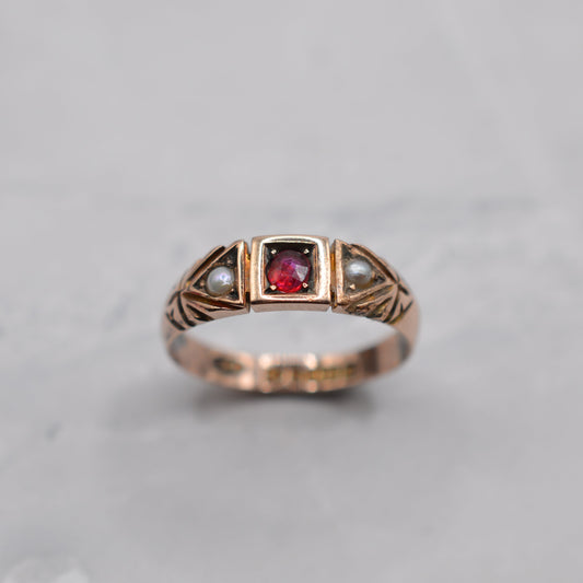 Antique Victorian 9ct Gold Ruby & Pearl Trilogy Ring