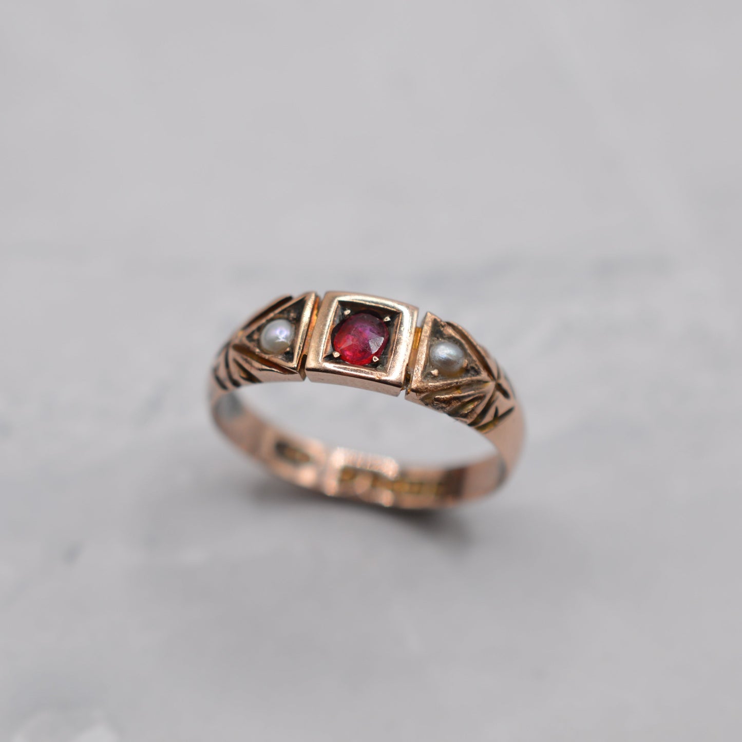Antique Victorian 9ct Gold Ruby & Pearl Trilogy Ring