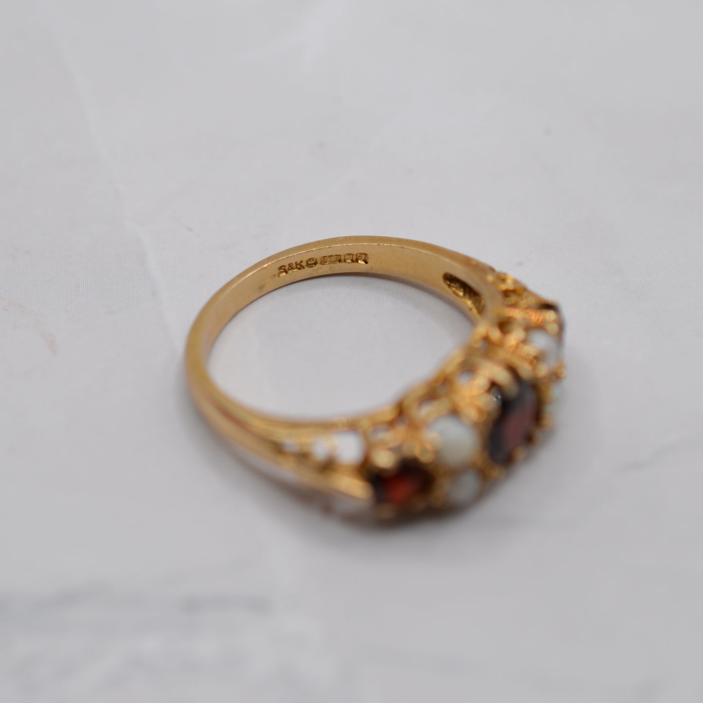 Chunky 1990s 9ct Gold Garnet & Pearl Seven-Stone Ring