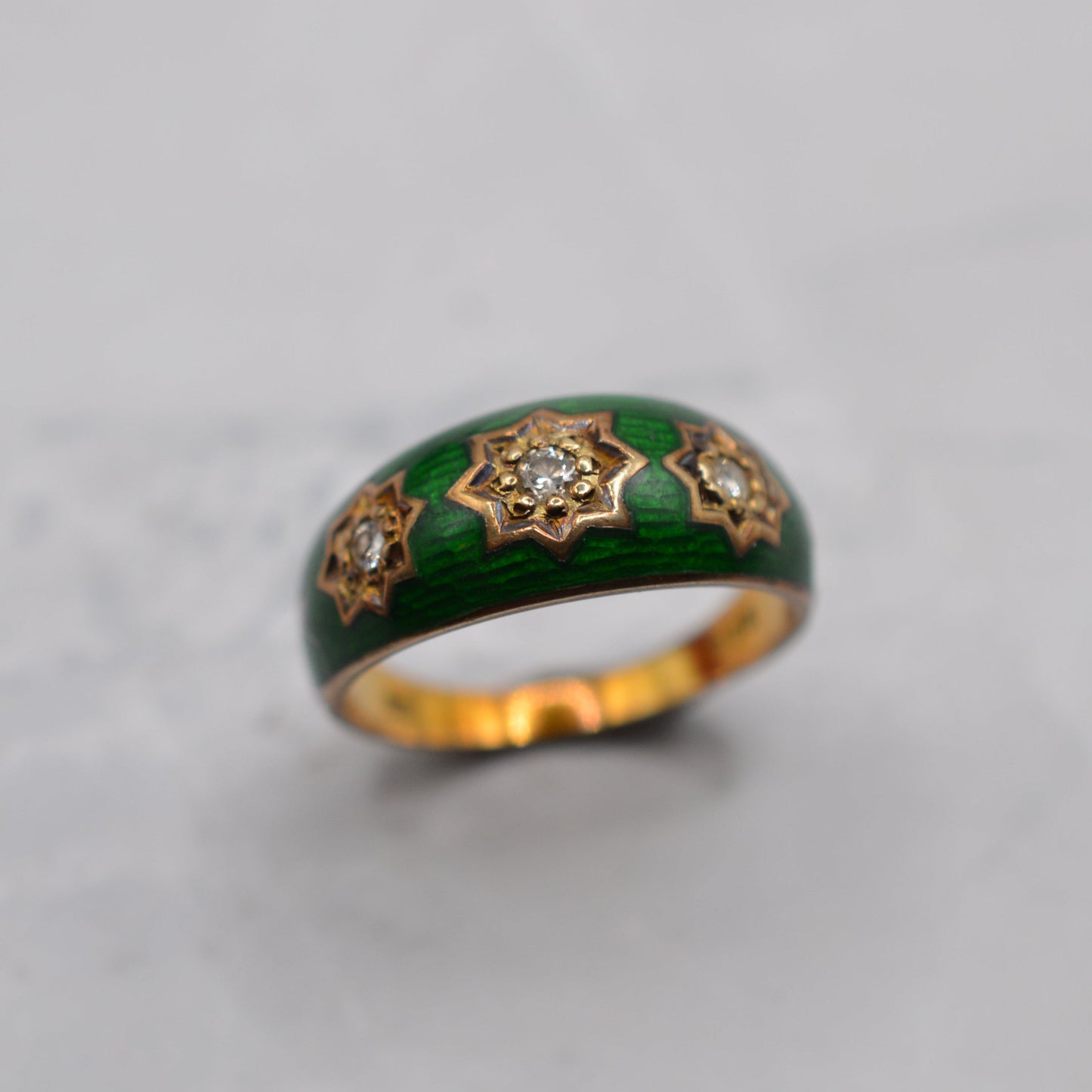 1970s Chunky Vintage 9ct Gold Enamel Diamond Gypsy Ring