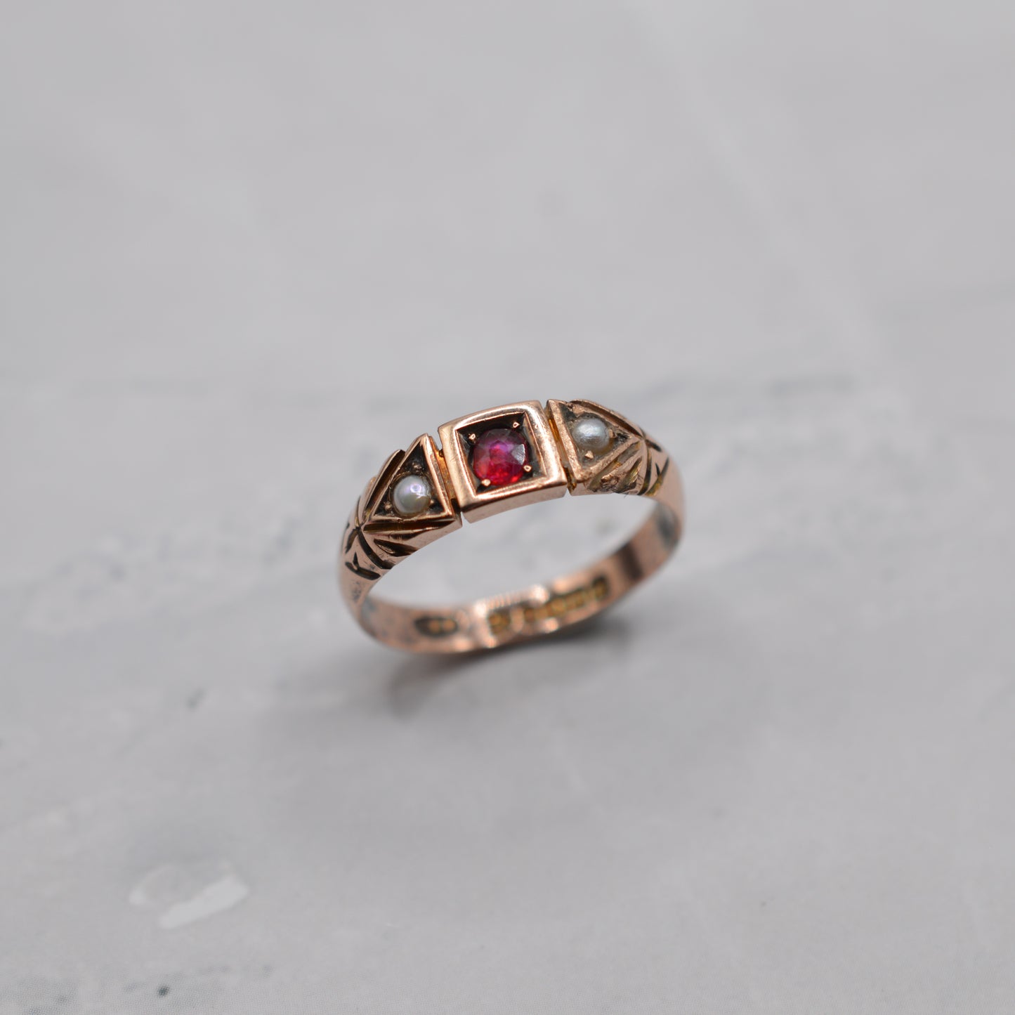 Antique Victorian 9ct Gold Ruby & Pearl Trilogy Ring