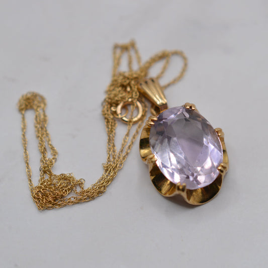 1970s Vintage 9ct Gold Amethyst Pendant Necklace with Buttercup Setting