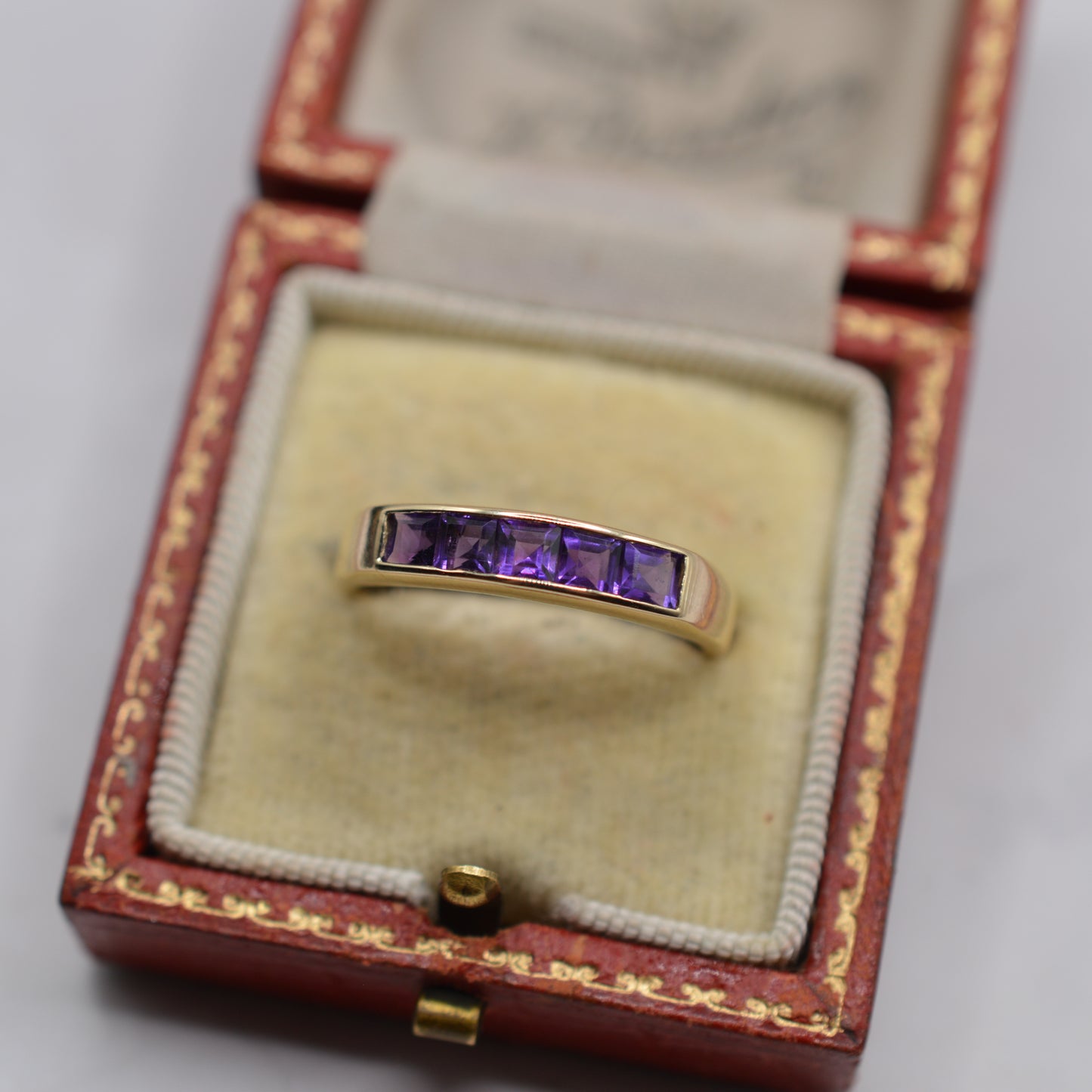 1990s 9ct Gold Amethyst Five-Stone Square-Cut Channel Ring