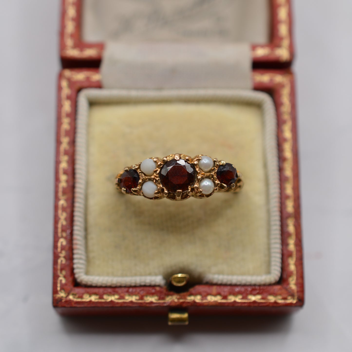 Chunky 1990s 9ct Gold Garnet & Pearl Seven-Stone Ring