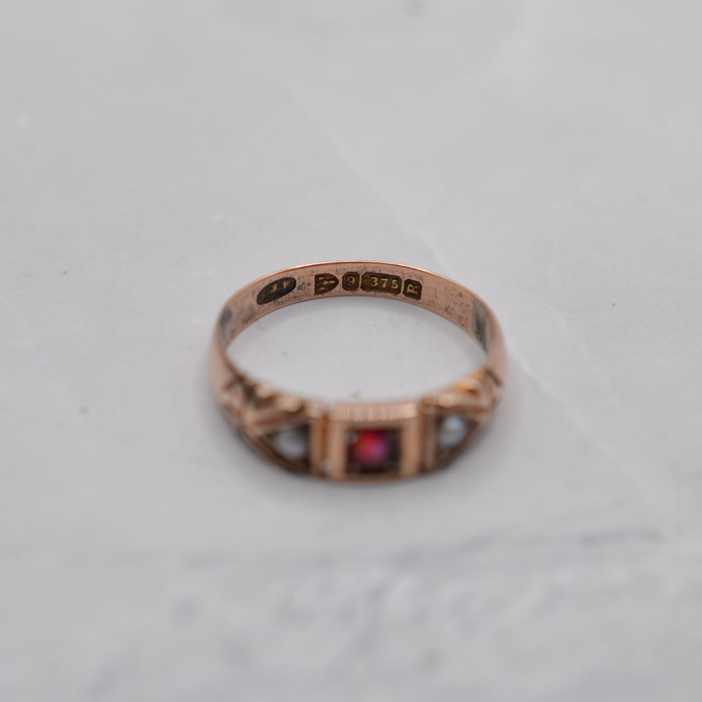 Antique Victorian 9ct Gold Ruby & Pearl Trilogy Ring