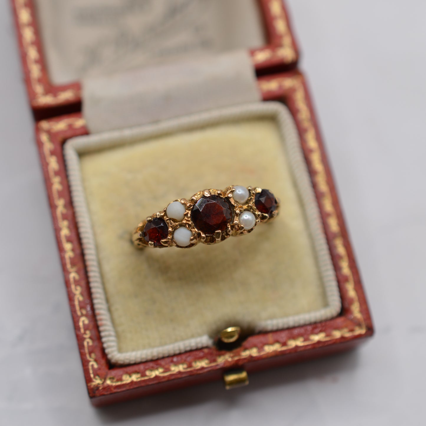 Chunky 1990s 9ct Gold Garnet & Pearl Seven-Stone Ring