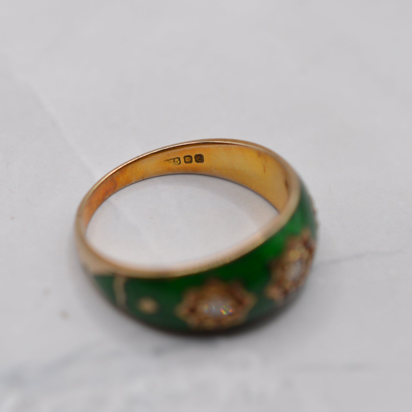1970s Chunky Vintage 9ct Gold Enamel Diamond Gypsy Ring
