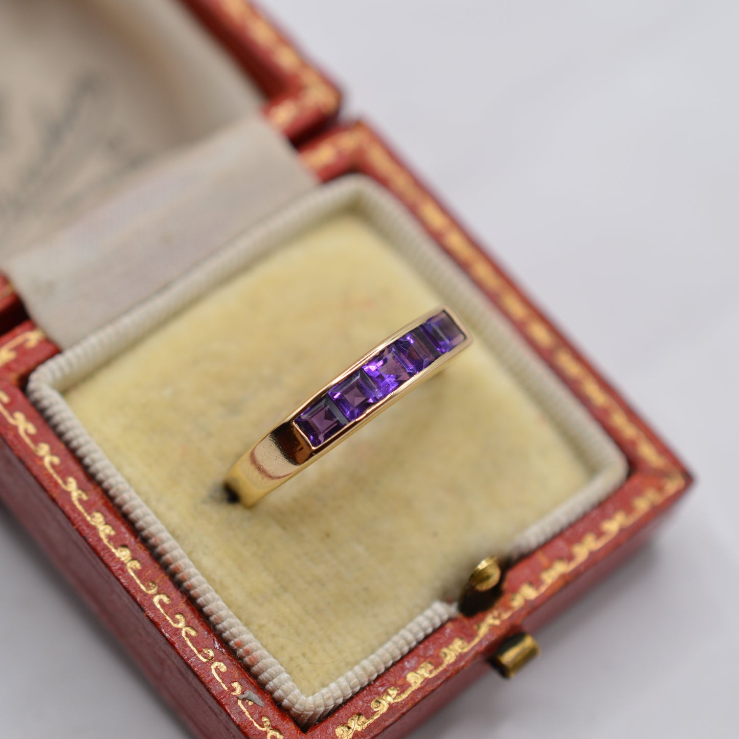 1990s 9ct Gold Amethyst Five-Stone Square-Cut Channel Ring