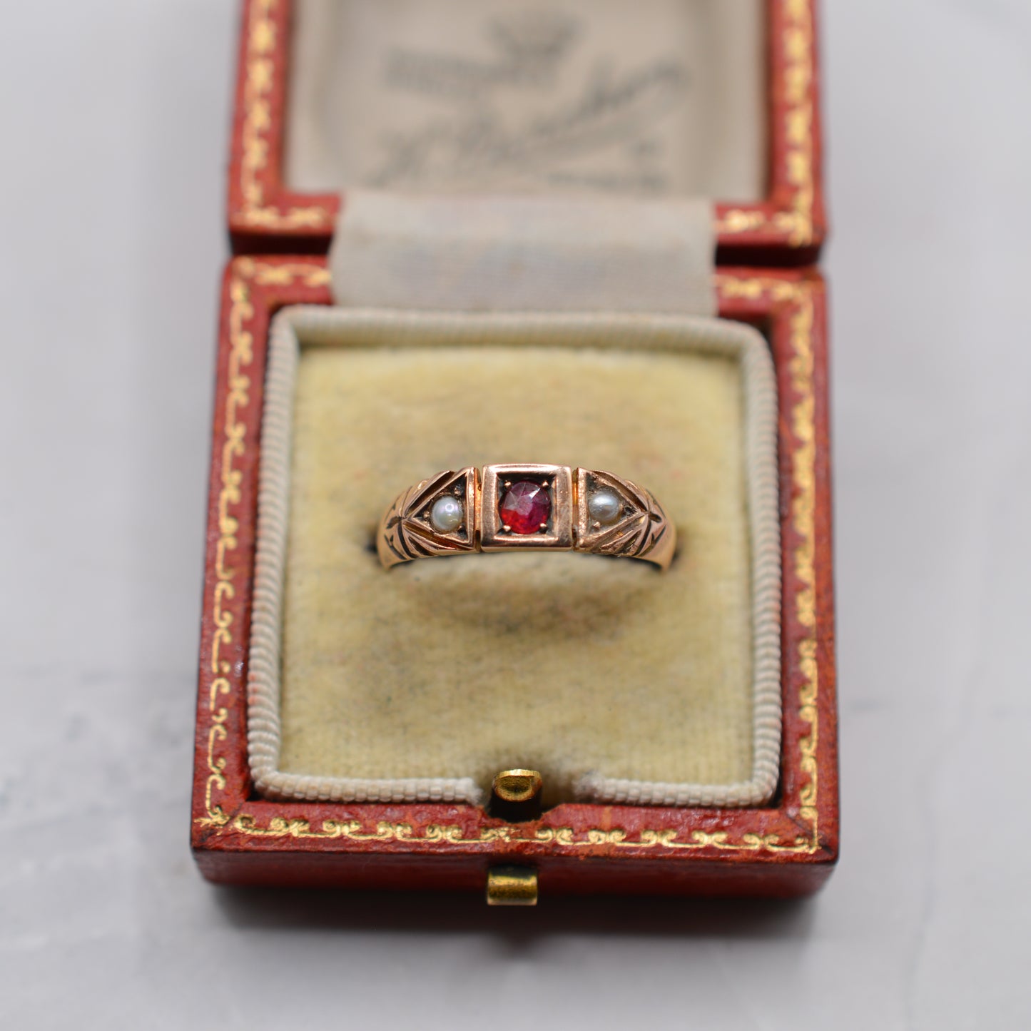 Antique Victorian 9ct Gold Ruby & Pearl Trilogy Ring