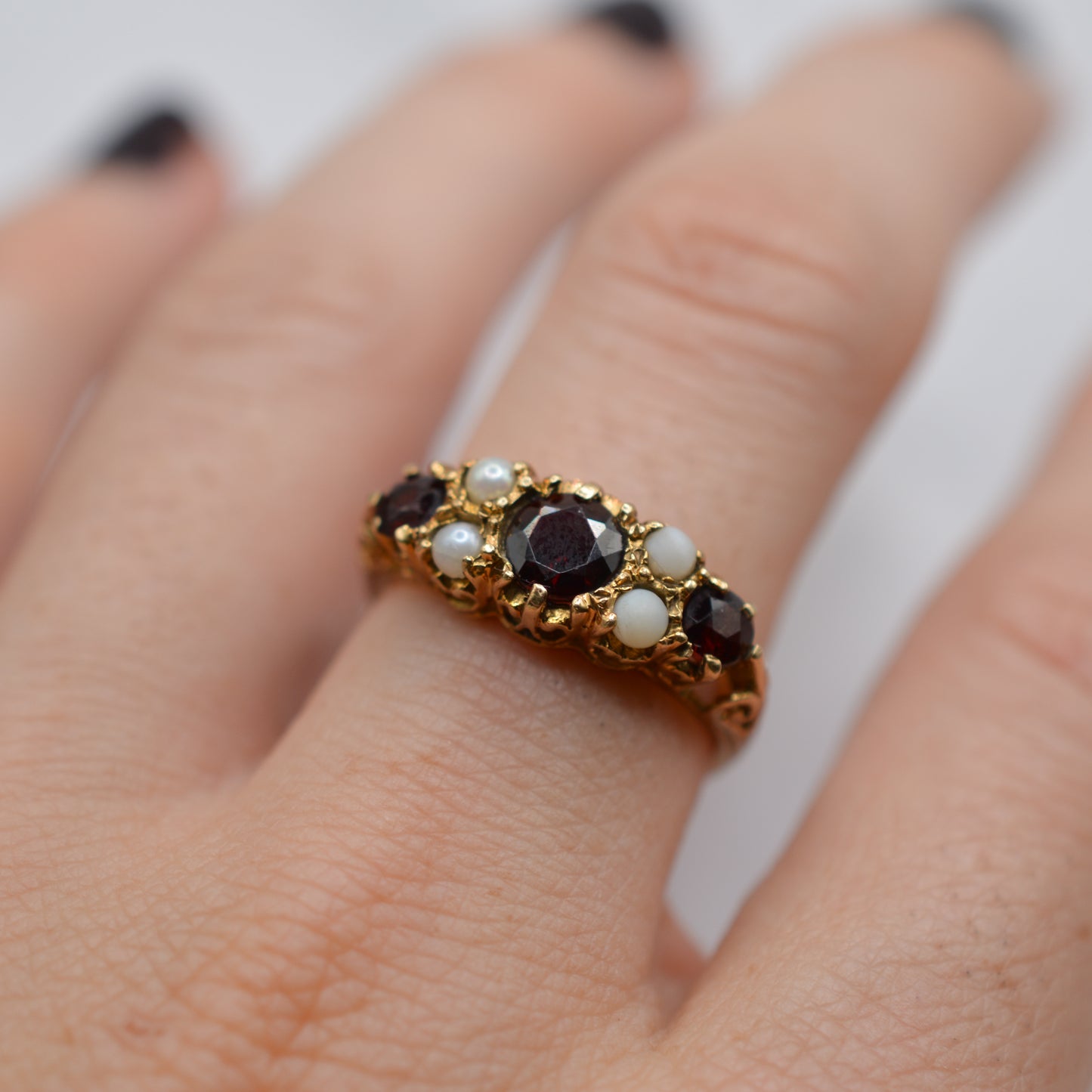 Chunky 1990s 9ct Gold Garnet & Pearl Seven-Stone Ring