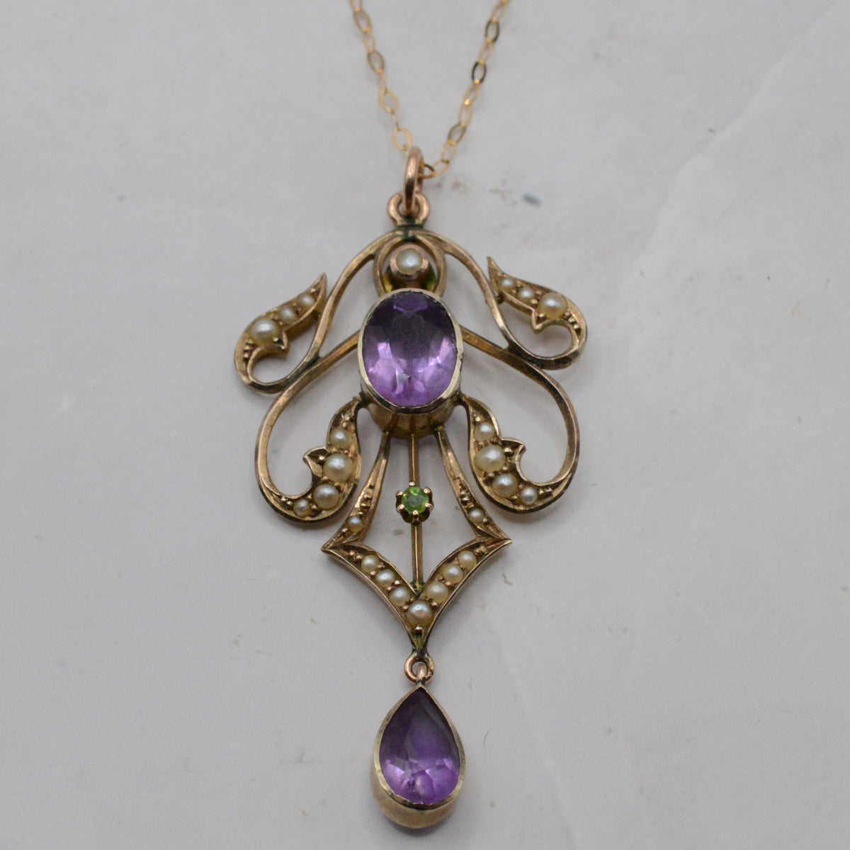 Antique Edwardian Art Nouveau 9ct Gold Amethyst, Peridot & Pearl Lavalier Necklace (16”)