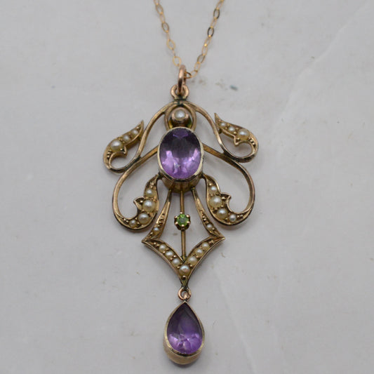 Antique Edwardian Art Nouveau 9ct Gold Amethyst, Peridot & Pearl Lavalier Necklace (16”)