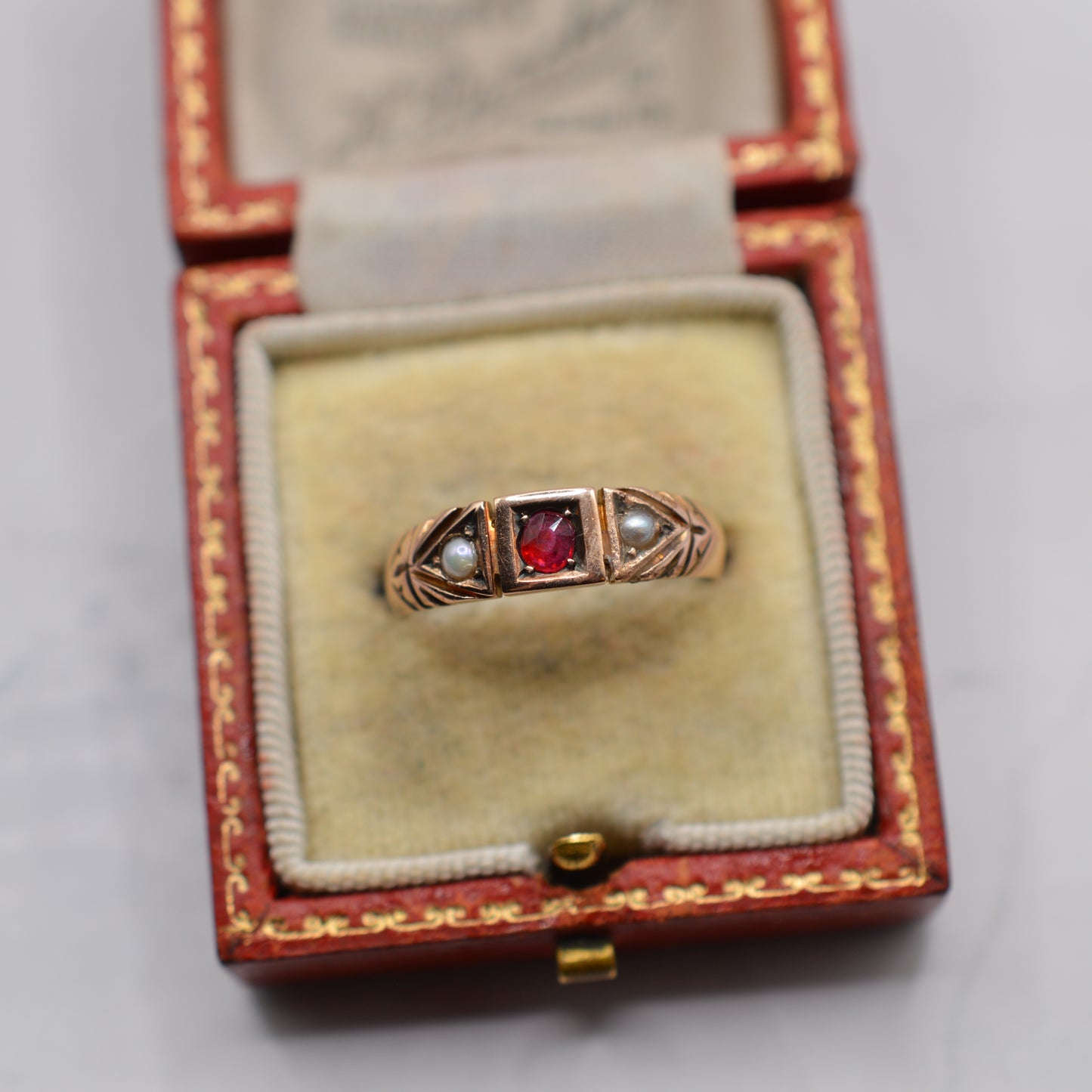 Antique Victorian 9ct Gold Ruby & Pearl Trilogy Ring