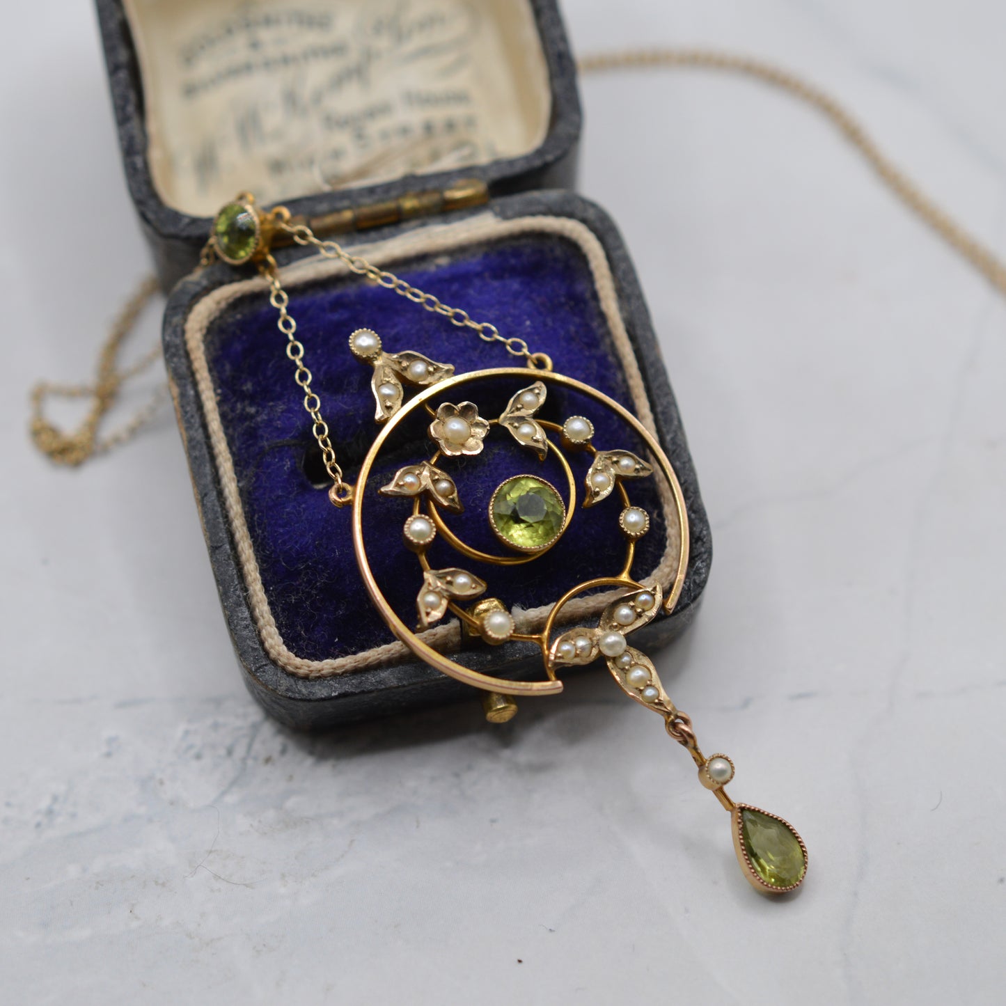 Antique Art Nouveau 9ct Gold Pearl & Peridot Lavalier Necklace (17”)
