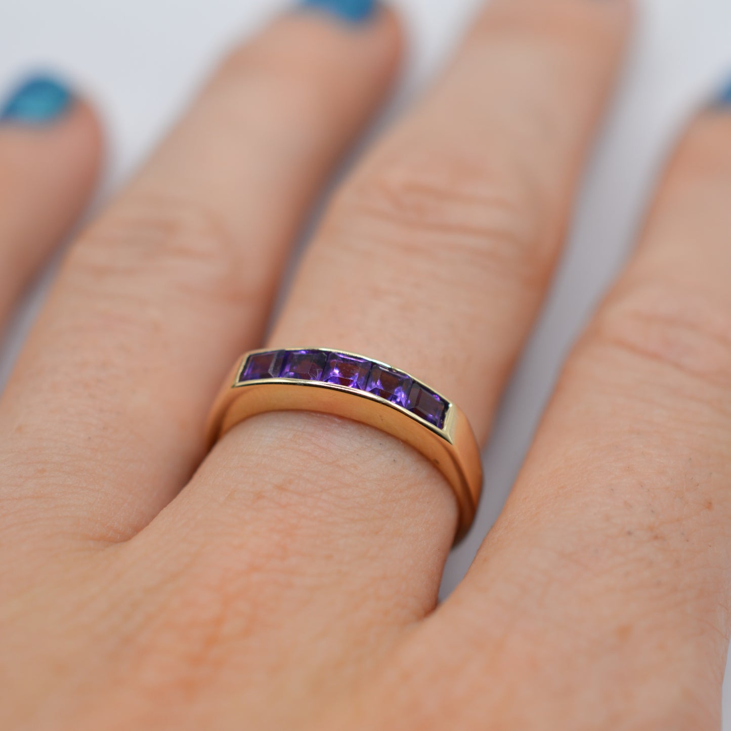 1990s 9ct Gold Amethyst Five-Stone Square-Cut Channel Ring