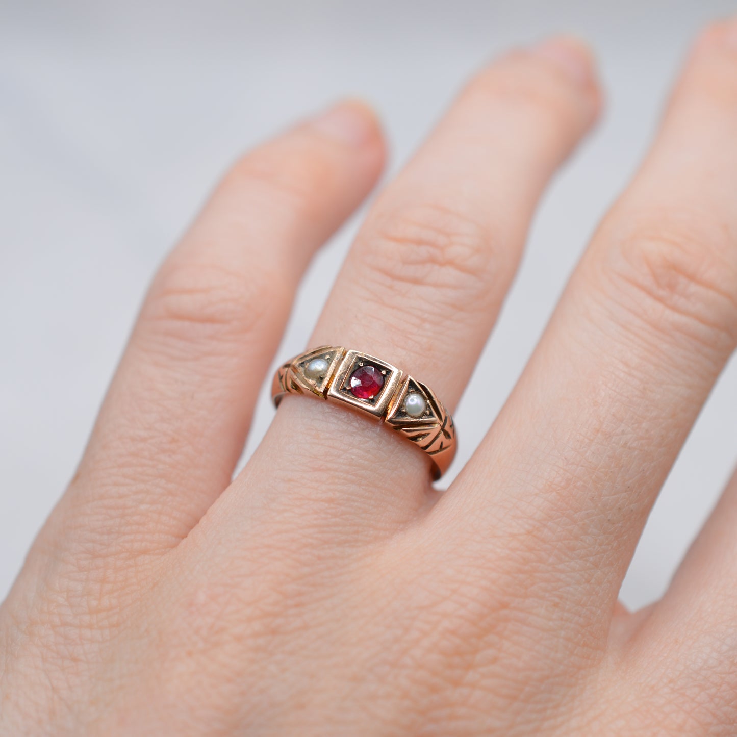 Antique Victorian 9ct Gold Ruby & Pearl Trilogy Ring