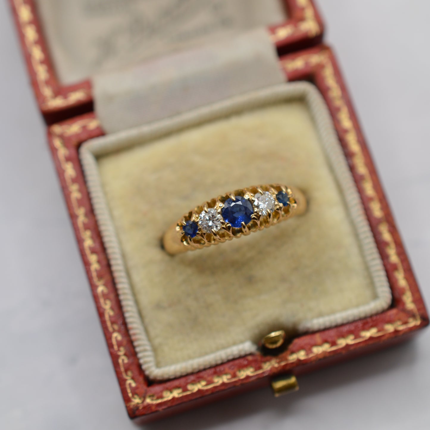 Antique Victorian 1899 18ct Gold Sapphire & Diamond Five-Stone Ring