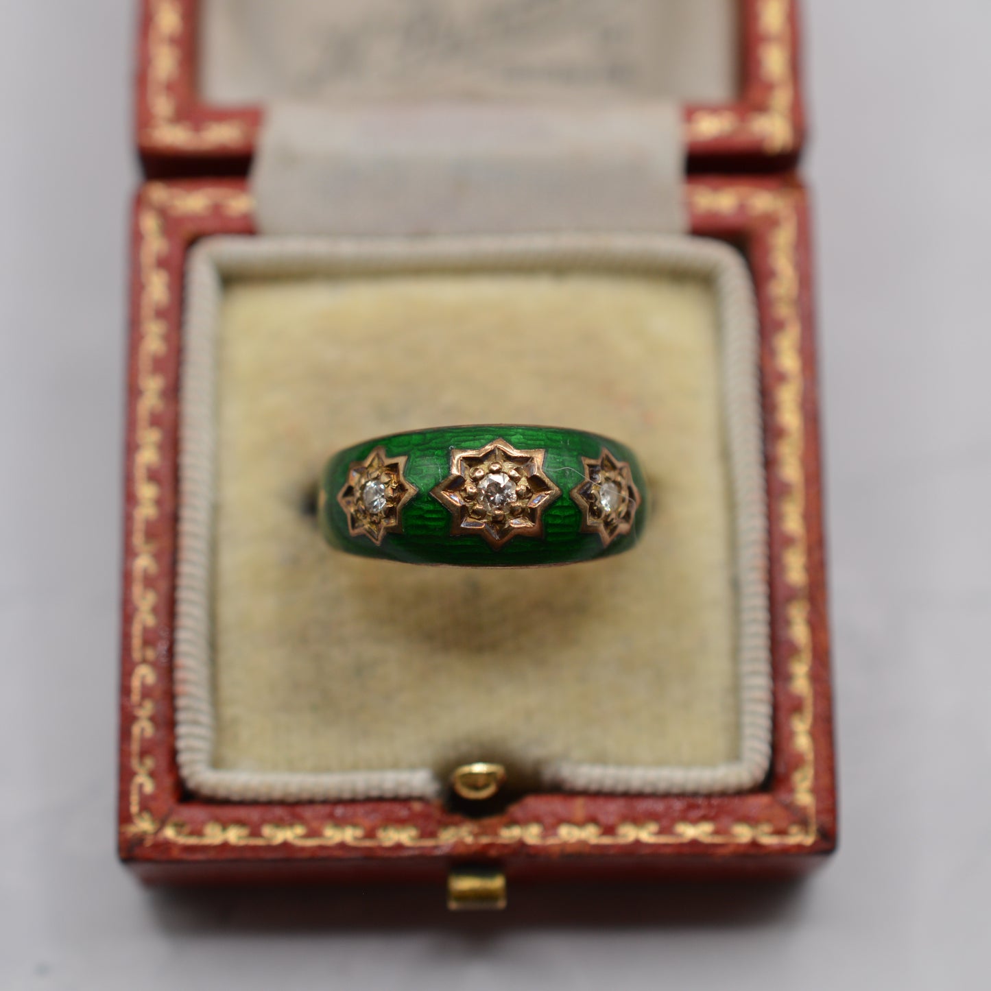 1970s Chunky Vintage 9ct Gold Enamel Diamond Gypsy Ring