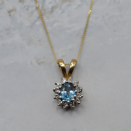 1990s 9ct Gold Sapphire & Diamond Cluster Pendant Necklace (16-18”)